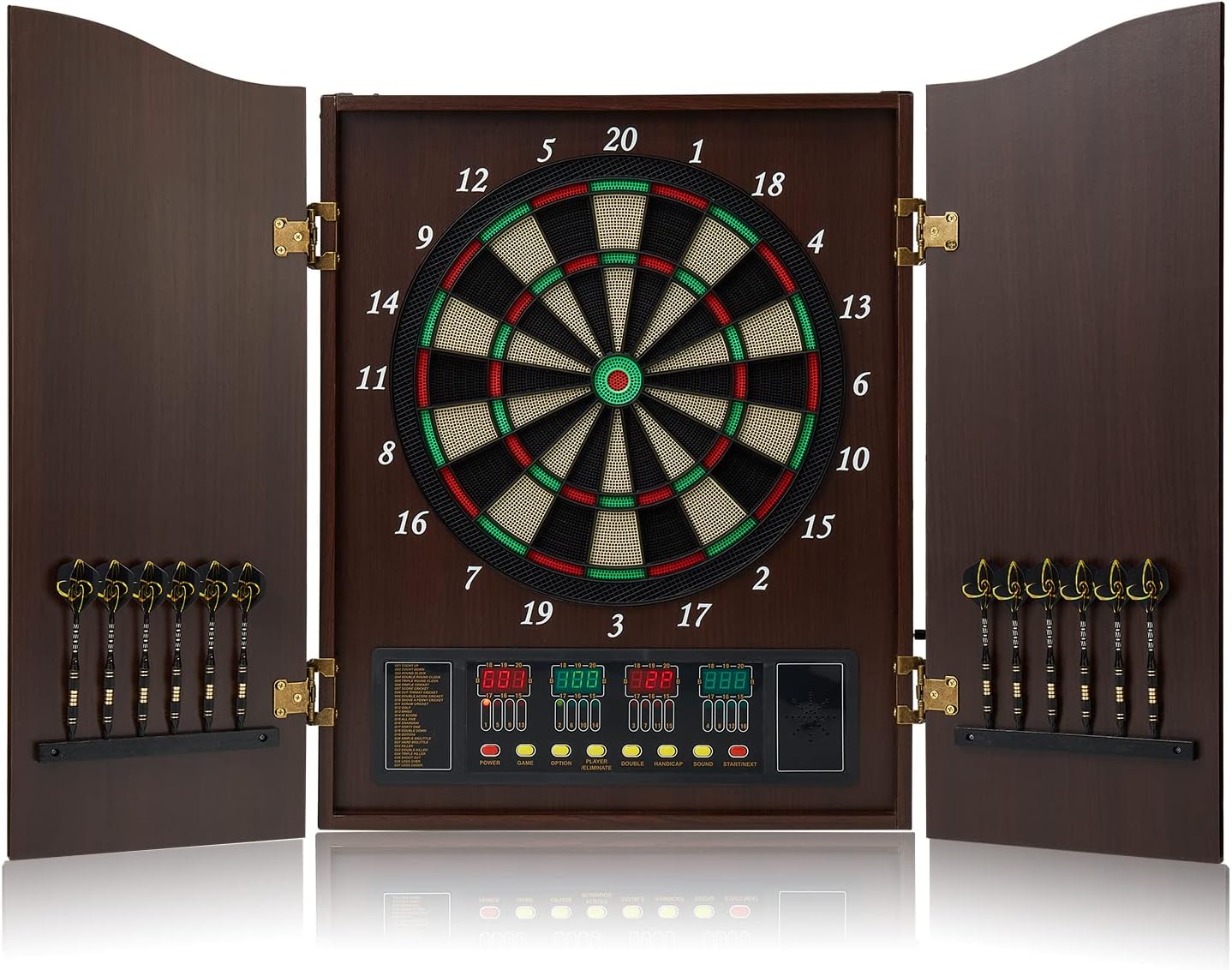 Dart Board, Decorative Dart Board Cabinet Set [12*Soft Tip Darts], Electronic Dart Board - Wooden Cabinet Doors with Integrated Scoreboard for Family Game Rooms [Coffee]
