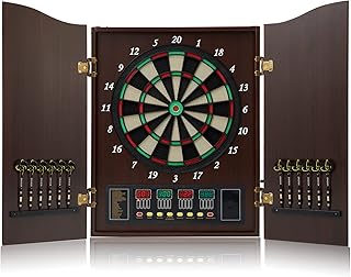 Dart Board, Decorative Dart Board Cabinet Set [12*Soft Tip Darts], Electronic Dart Board - Wooden Cabinet Doors with Integrated Scoreboard for Family Game Rooms [Coffee]