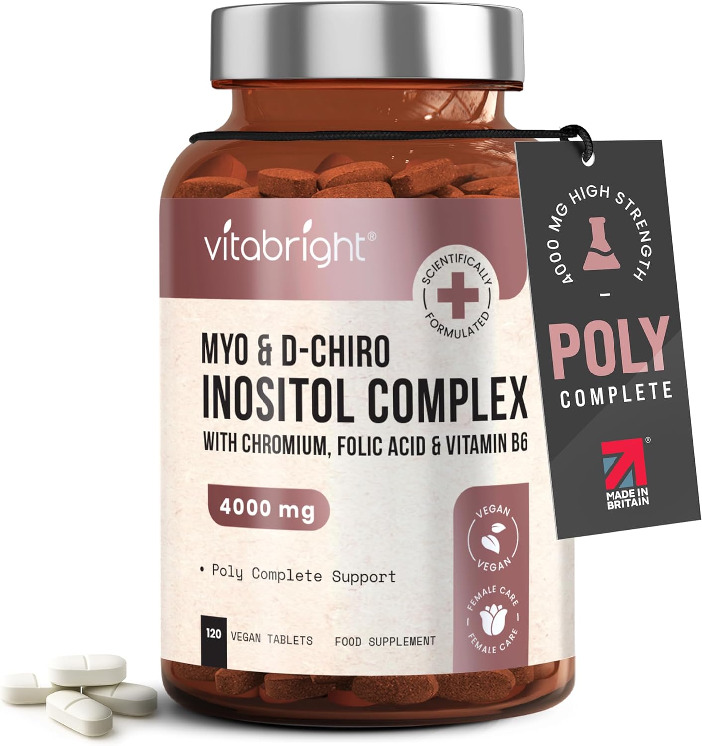 VitaBright Myo-Inositol D-Chiro-Inositol Tablets | 4000mg A Day | 120 Chewable Tablets | Contribute to Hormone Balance for Women | D Chiro & Myoinositol (Vitamin B8) with Chromium, B6 & Folic Acid