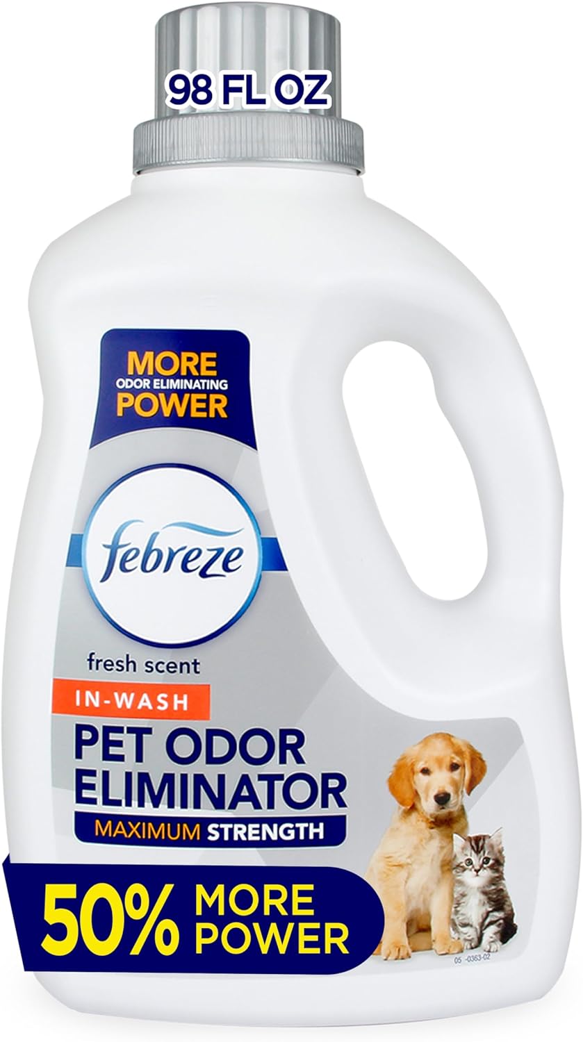 Febreze Laundry Detergent Additive for Pet Supplies, Maximum Strength In Wash Pet Odor Eliminator, Designed to Remove Tough Odors in Fabrics and Clothing in a Single Wash, Fresh Scent, 98 fl oz