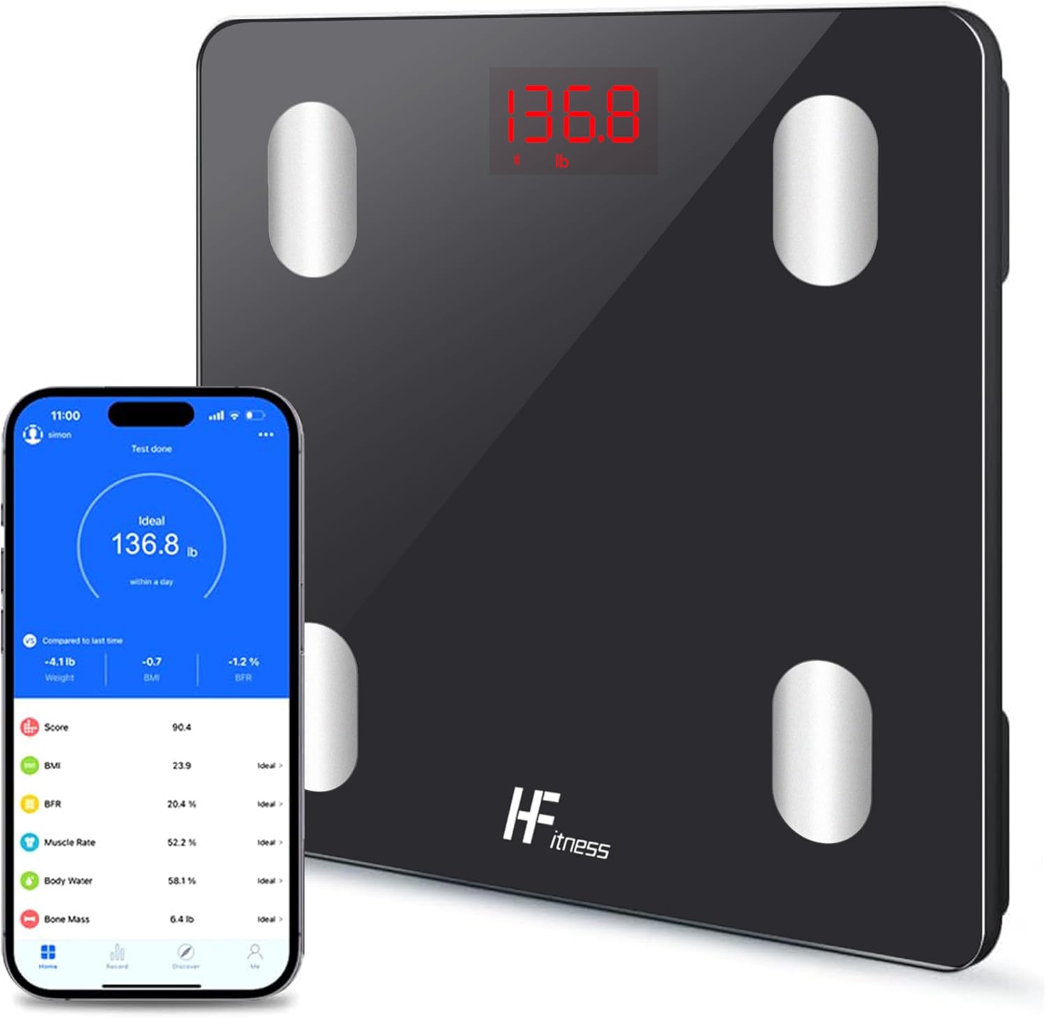 HomeFashion HFitness 19x Body Composition Indices Smart Scale Bathroom Scales for Body Weight Body Fat Monitor BMI Muscle Mass Bone iOS Android App Bluetooth Wireless