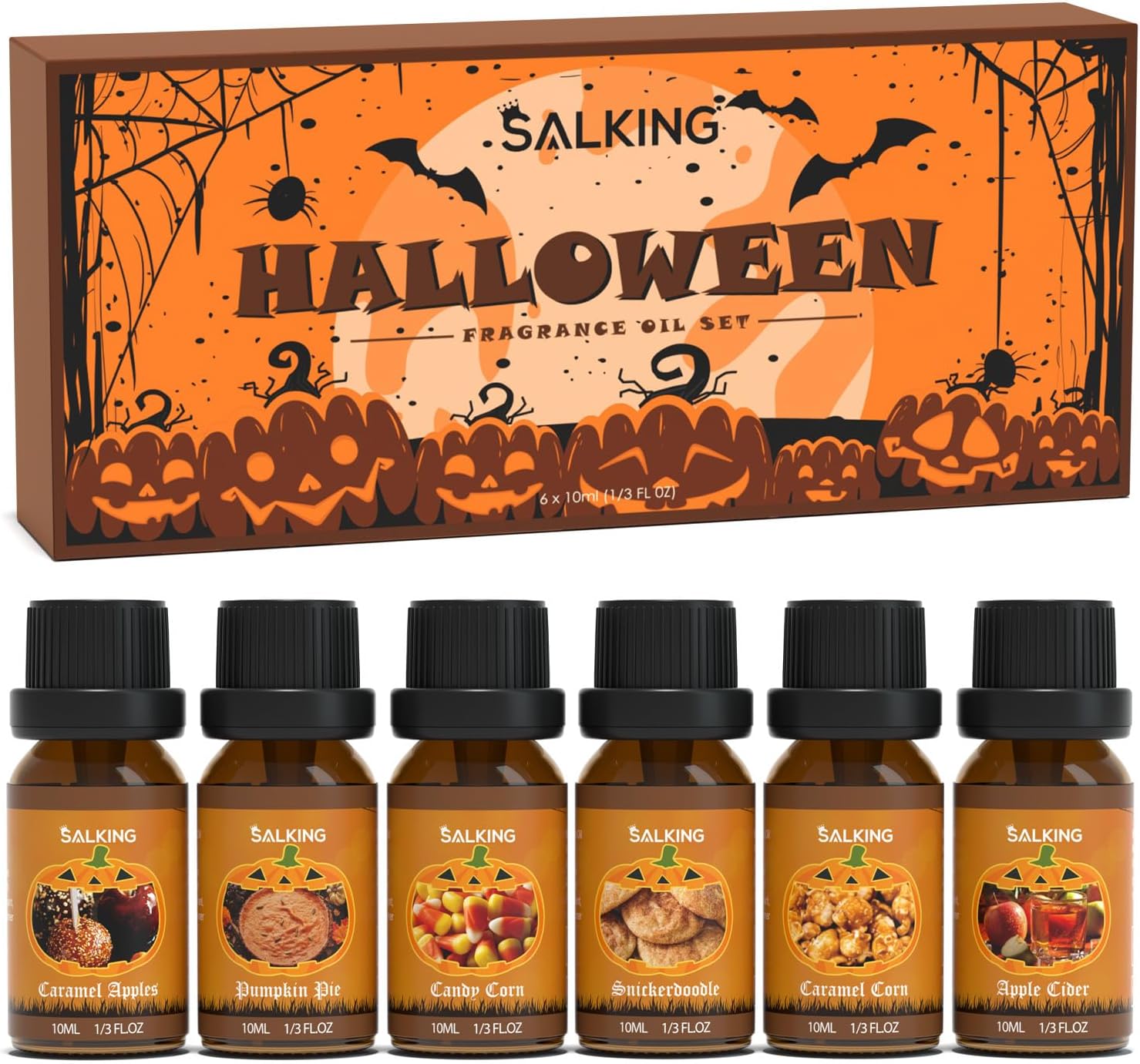 SALKING Halloween Fragrance Oils, Premium Essential Oils Gift Set, Diffuser Oils, Scented Oils for Soaps Candle Making - Pumpkin Pie,Caramel Apples,Candy Corn, Snickerdoodle, Caramel Corn, Apple Cider