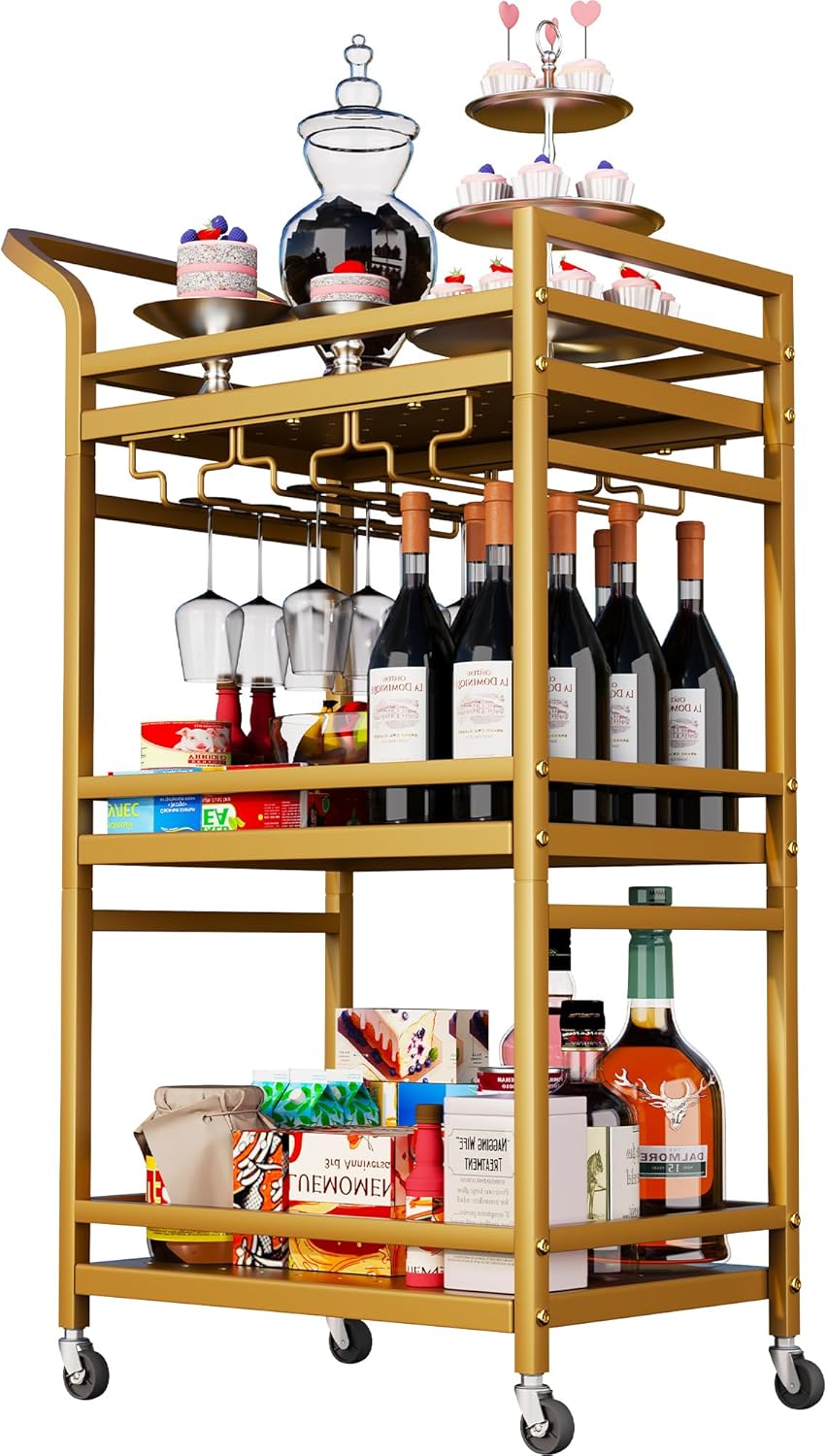 Bar Cart,Gold Bar Cart,Home Bar Serving Carts,3-Tier Alcohol cart,Cart with Wheels,Suitable for Restaurants, Bars, Kitchens,Gold Colours