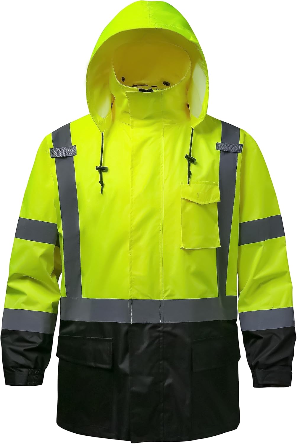 Reflective Rain jackets for men waterproof,Hi Vis Safety Coat With Reflective Strips，High Visibility Class 3 Rain jackets With 2 large pockets，Zipper,Black Bottom Lime,LG/XL