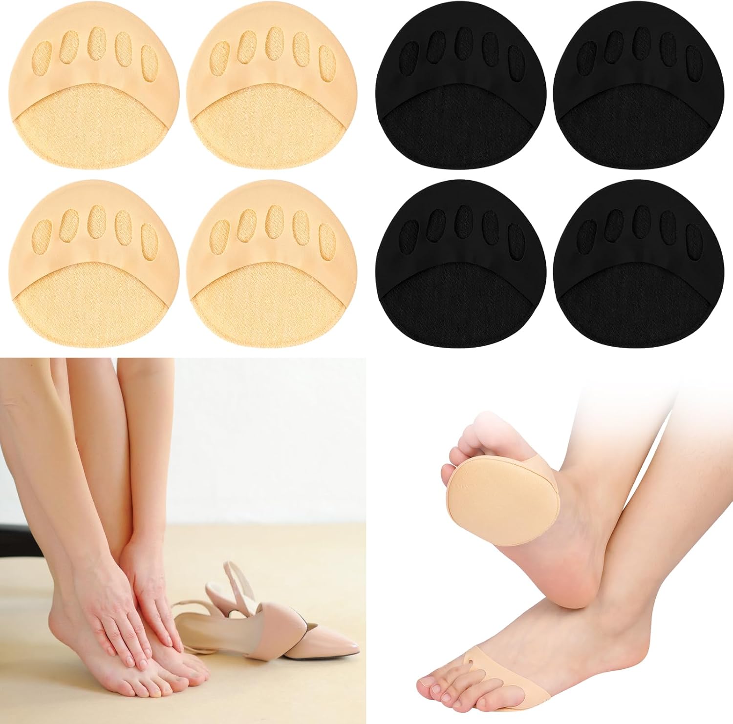 LOPHE Foot Pads, 4 Pairs Anti-Slip Forefoot Cushion Pads for Women, Invisible Metatarsal Pads Ball of Foot Cushion Pads, High Heels Toe Topper Socks Liner Toeless Half Socks for Foot Pain Relief