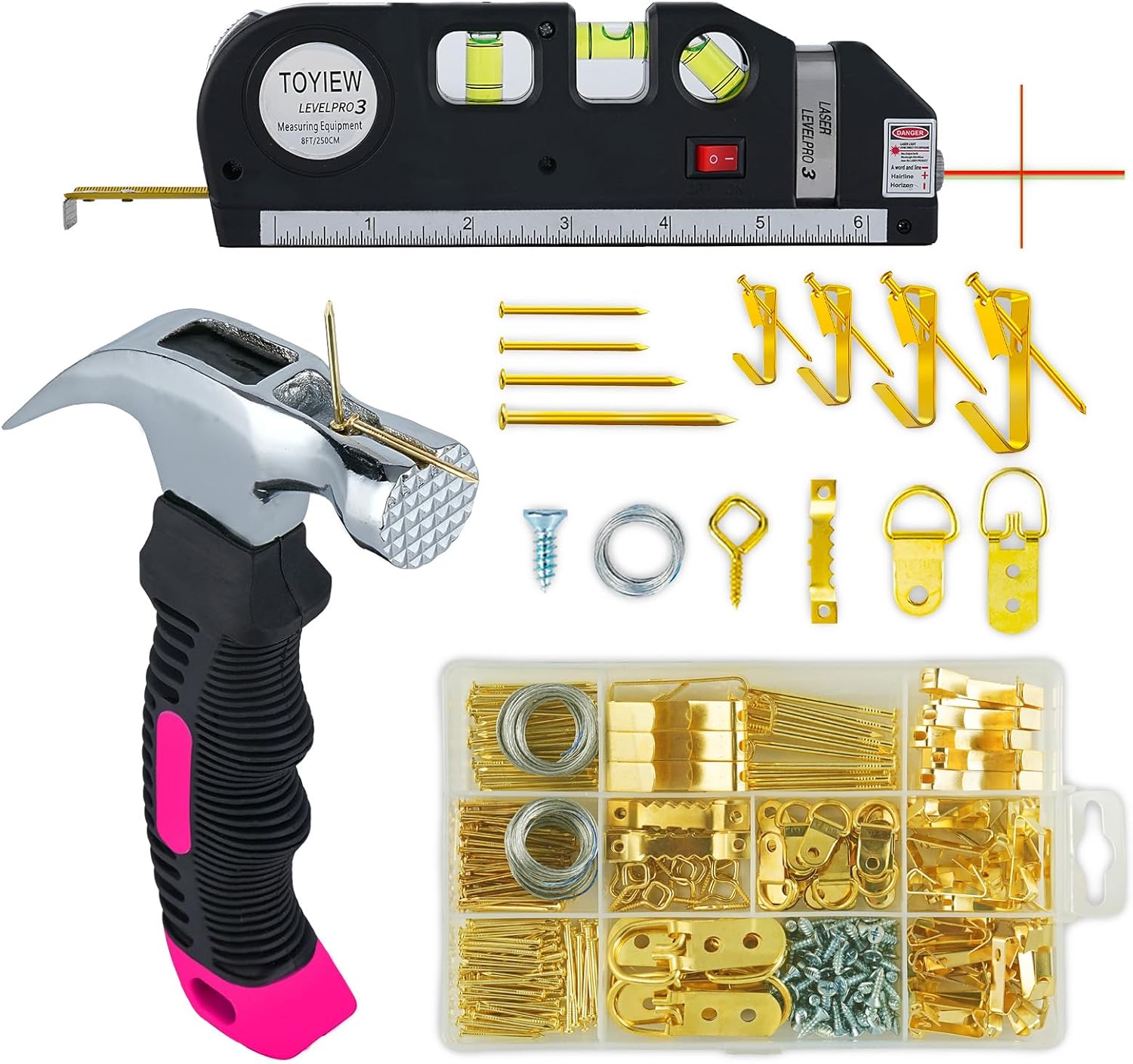 Picture Hanging Kit Tool, 352pcs Hanging Hardware with Heavy Duty Frame Hooks, Wire, Nails, D Rings, Photo Sawtooth Hangers, Wall Art Hanging Kit with Laser Level, Pink Claw Hammer