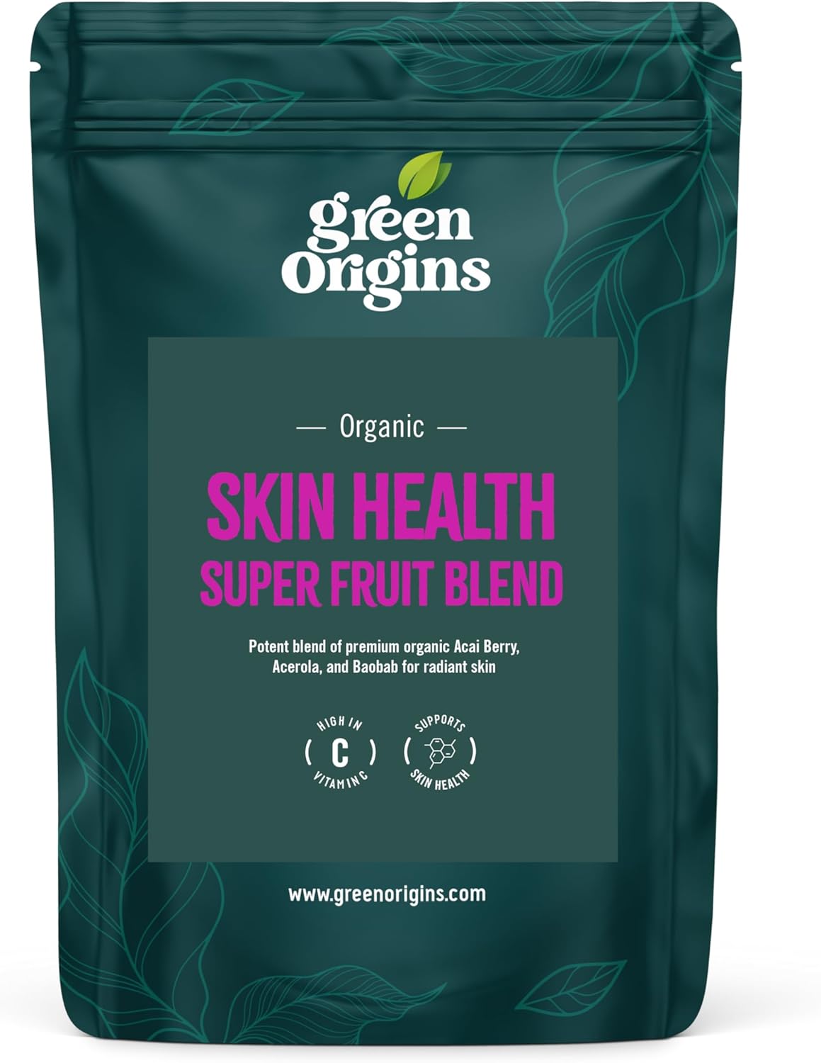 Green Origins Organic Super Fruit Blend for Skin Health | Acai, Acerola, Baobab & Lucuma | Natural Vitamin C Superfoods Boost | 14 Servings, 100g | Fruity Taste | No Additives | Vegan & Kosher