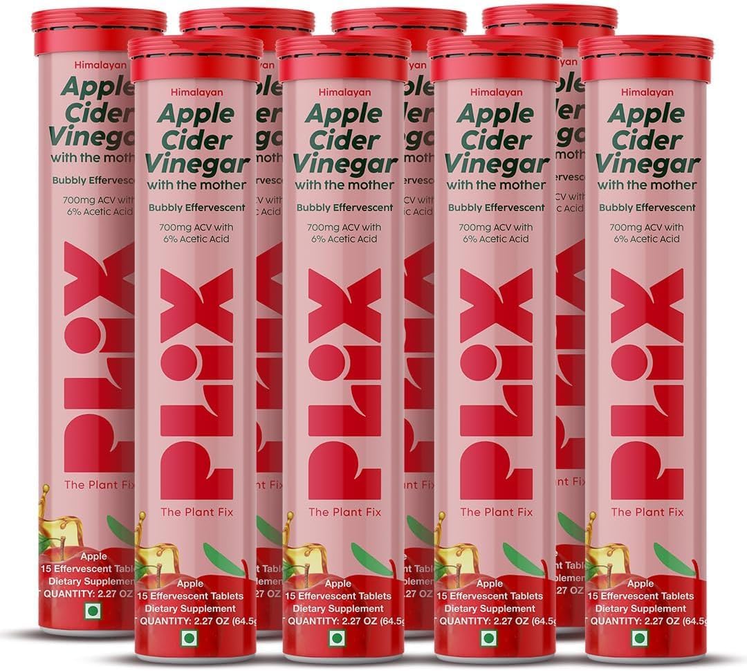 PLIX - THE PLANT FIX Apple Cider Vinegar Effervescent Tablets with The Mother, 700mg ACV with VIT B12, B6, Pack of 8 |Vegan, No Added Sugar, Non-GMO & Gluten-Free