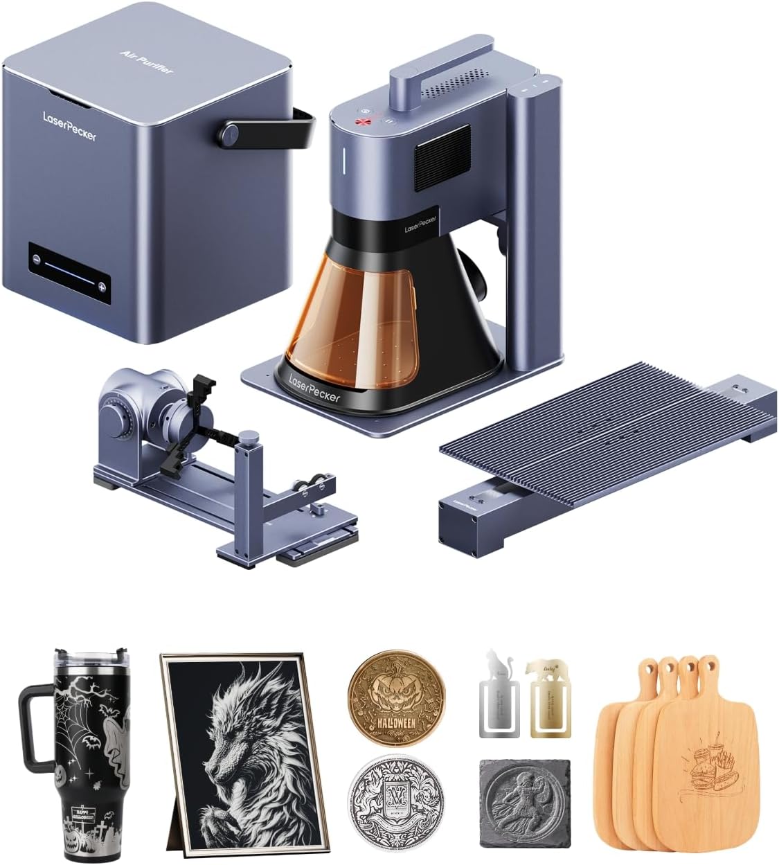LaserPecker LP5 Smart Dual 20W Fiber + Diode Laser Engraver Cutter with Rotary Extension, Slide Extension & Air Purifier, 3D Embossing, Color Engraving, Ideal for On-site Customization