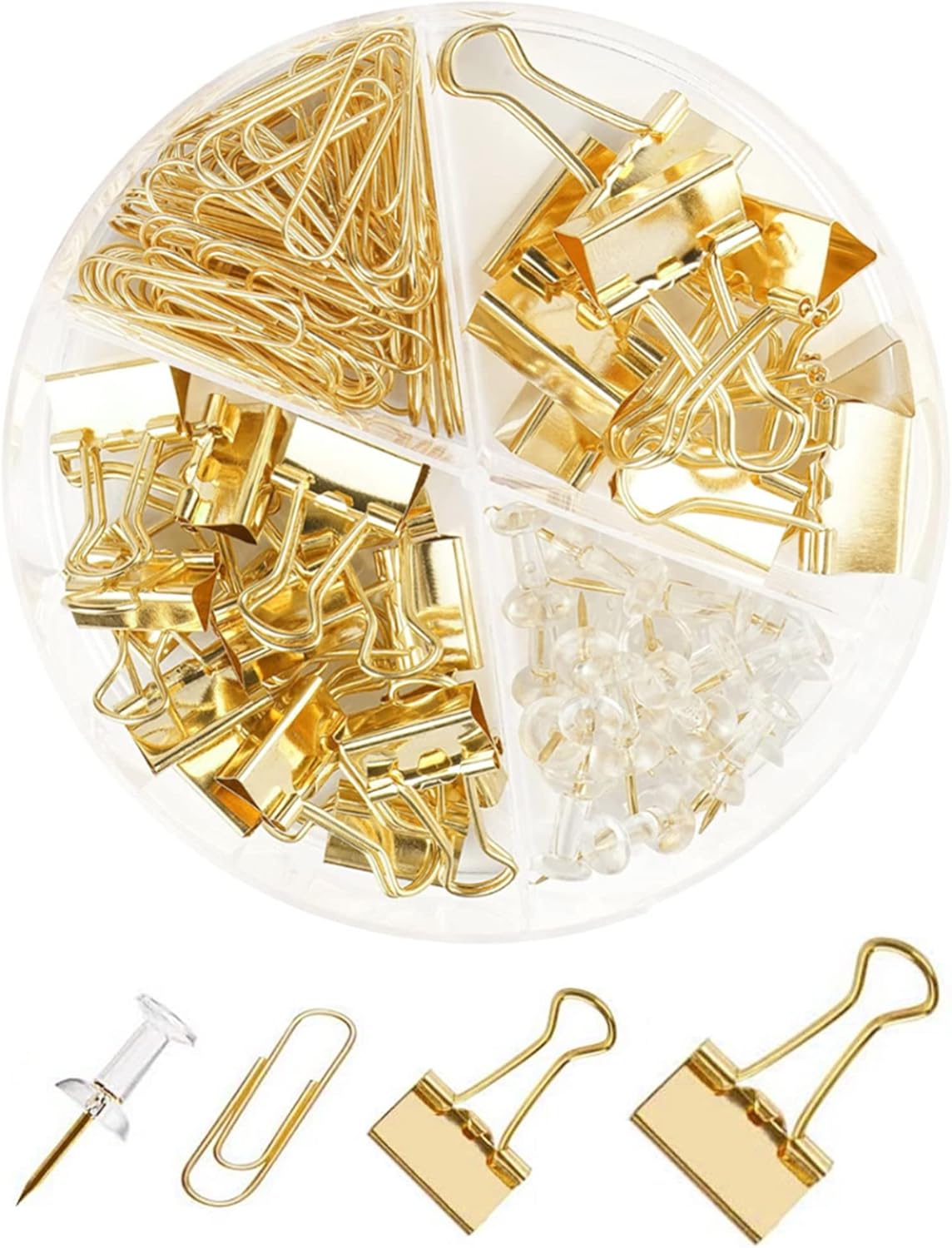 Gold Paper Clips and Binder Clips Set, Metal Assorted Sized Binders with Push Pins, Cute Gold Office Supplies for Desk, Desk Accessories