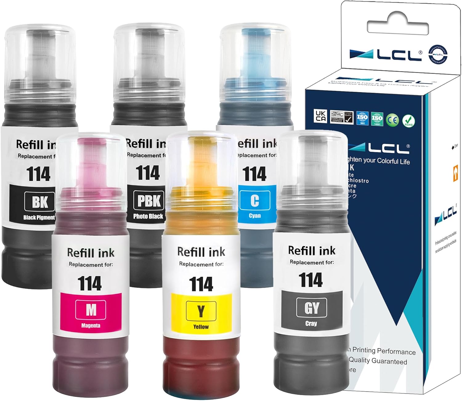 LCL 114 Ink Bottle Replacement for Epson 114 Ink Refill Bottle Multipack Compatible with EPSON ECOTANK ET-8500 ET-8550 (6 Pack KPBCMYGY)