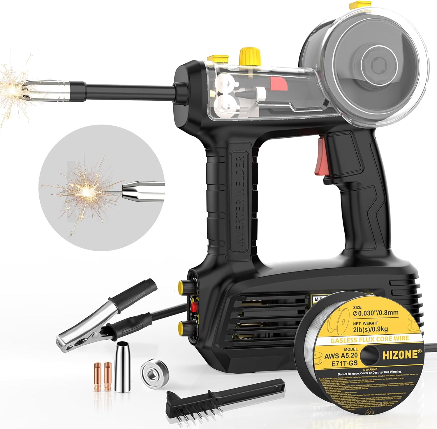 Hand Held MIG Welder Machine 110V, HIZONE 100A Flux Core Portable Welding Machine, Handheld Gasless Inverter Wire Feed Welding Equipment | 110V Flux Core Portable Machine, Hand held welder,Tools for Home Repair,Nice Gifts for Welder & Beginners