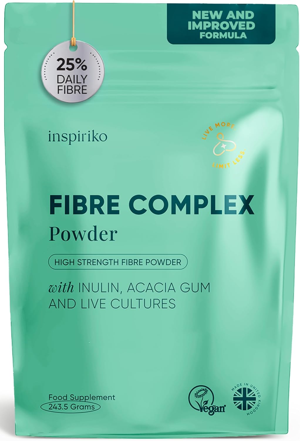 15g Soluble Fibre Supplement - 50% NHS Daily Intake. 6-in-1 Fiber Supplement Powder with Inulin Prebiotic Fibre Powder, FOS, Acacia & Probiotics. Tasteless, Dissolves Easy, 30 Servings by Inspiriko