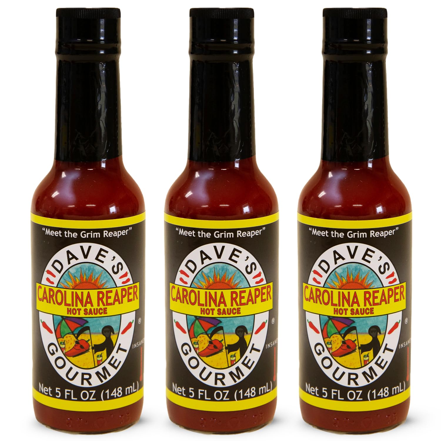 Dave's Gourmet Carolina Reaper Hot Sauce - Insanely Hot & Bold Flavor - Carolina hot pepper - Ideal for Tacos, Wings, Marinades & More - Gluten Free Hot Sauce - 5oz Bottles (Pack of 3)