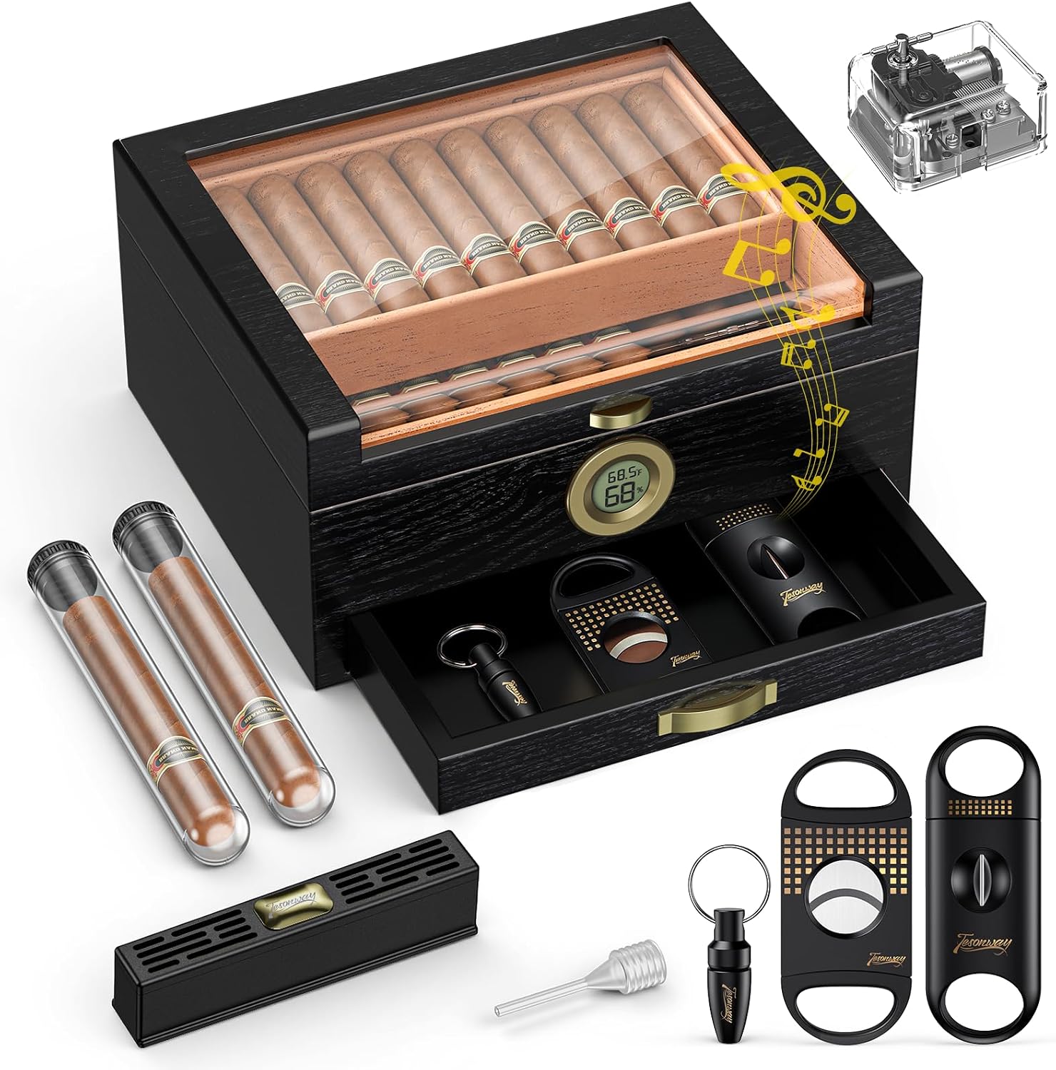 Tesonway Cigar Humidor, Glass Top Cedar Cigar Box with Music System