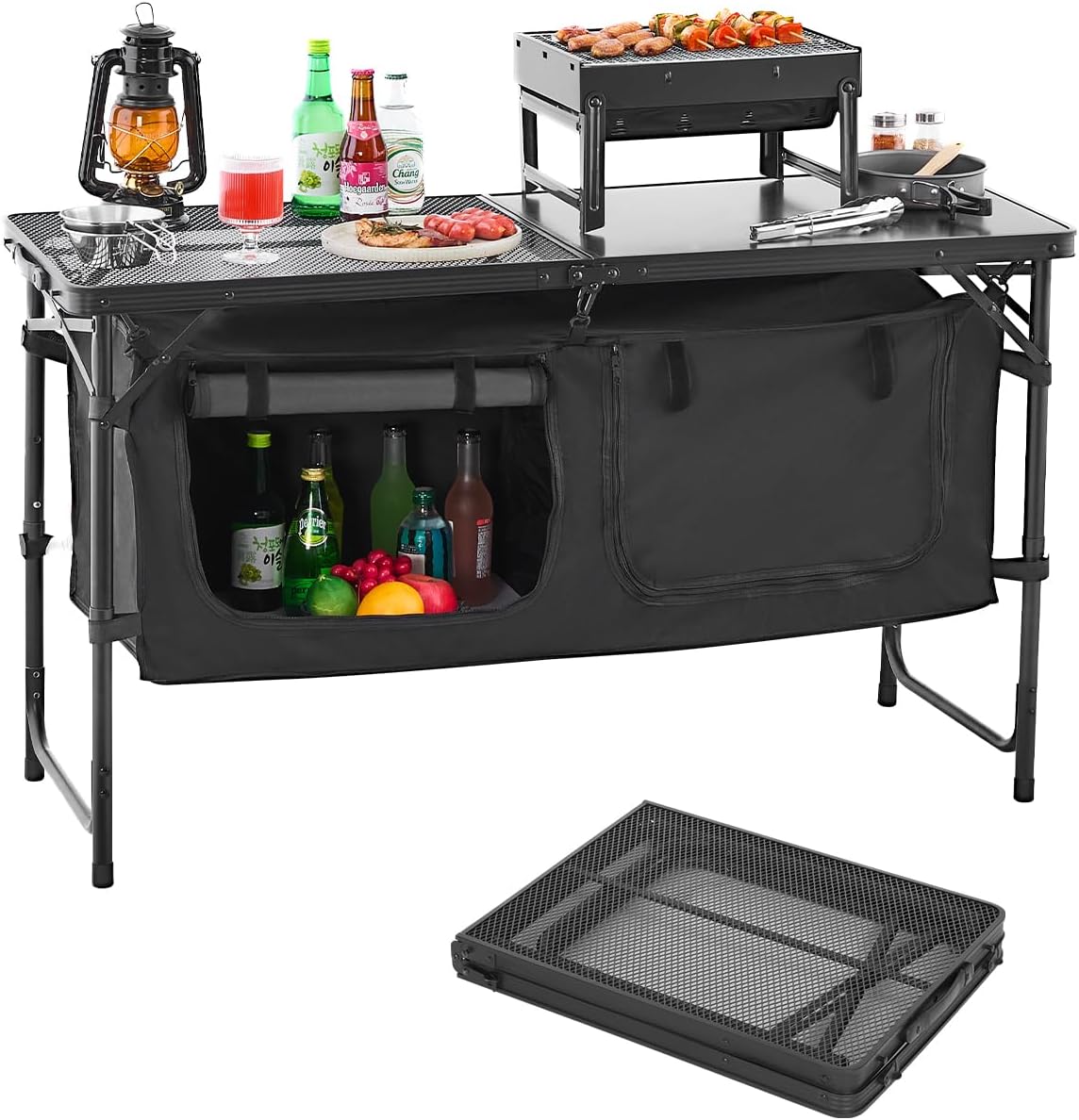 VEVOR Camping Kitchen Table, Folding Outdoor Cooking Table, 3 Adjustable Heights, Aluminum Lightweight Portable Cook Station with Storage Organizer, Carry Handle, for BBQ Party Picnic RV Travel, Black