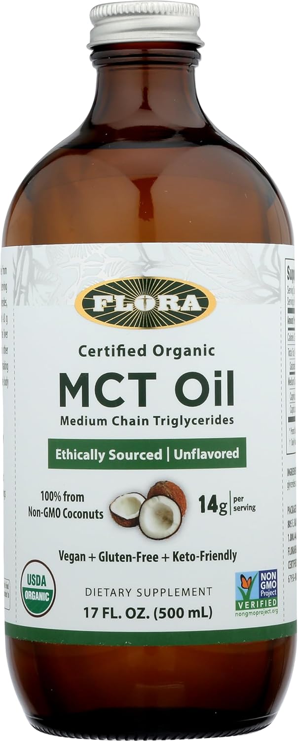 Flora - MCT Oil Certified Organic - Supports Muscle Energy & Brain Health - Contains C8 Caprylic Acid & C10 Capric Acid - Non-GMO, Gluten-Free, Vegan & Keto-Friendly - 17 fl. oz. Glass Bottle