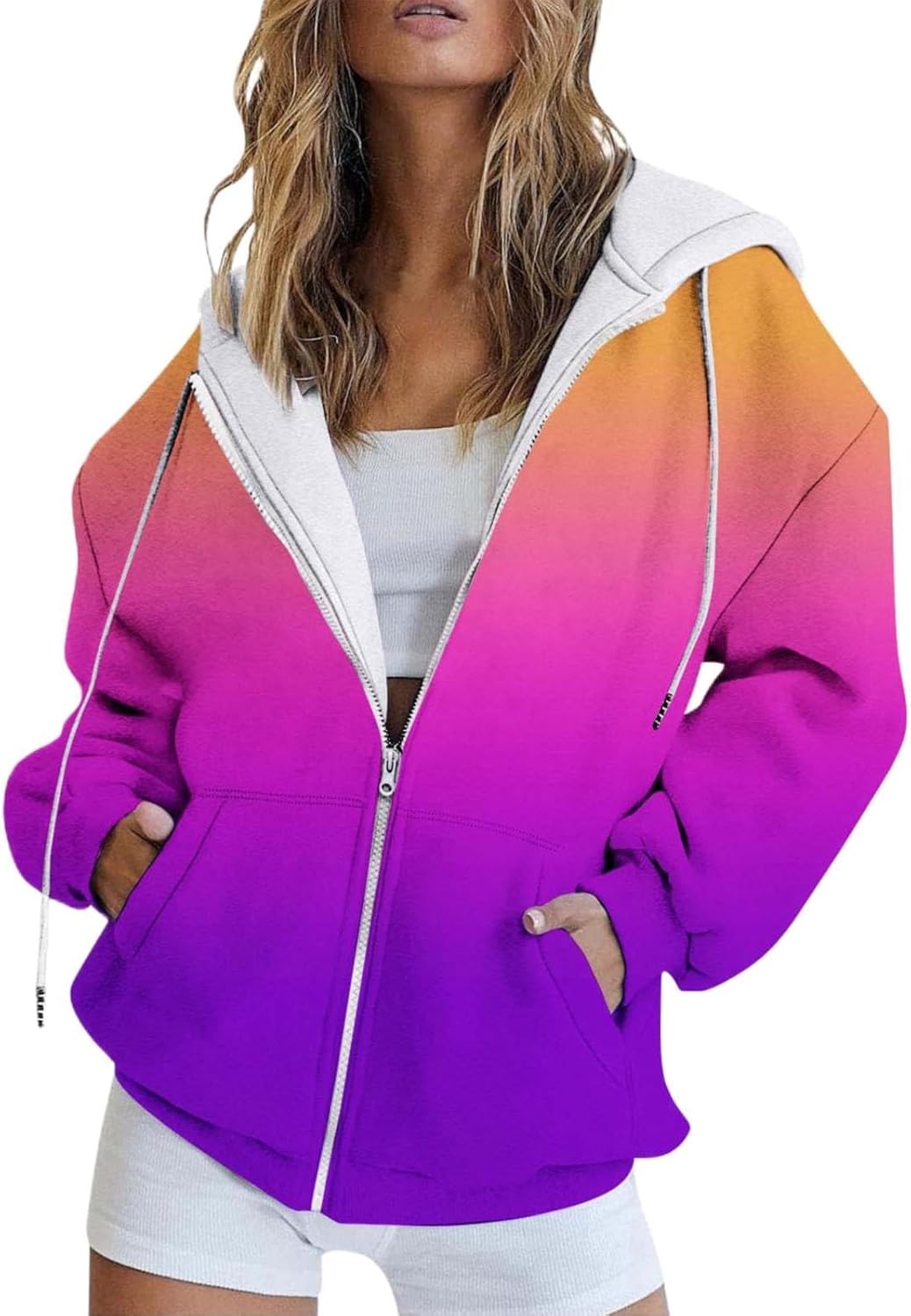 Qixiu Fashion Sweatshirts Autumn Butterfly Gradient Print Casual Pockets Long Sleeve Jacket Cute Drawstring Hoodie Zipper Hooded Sweatshirt Women's Hoodies Pullover