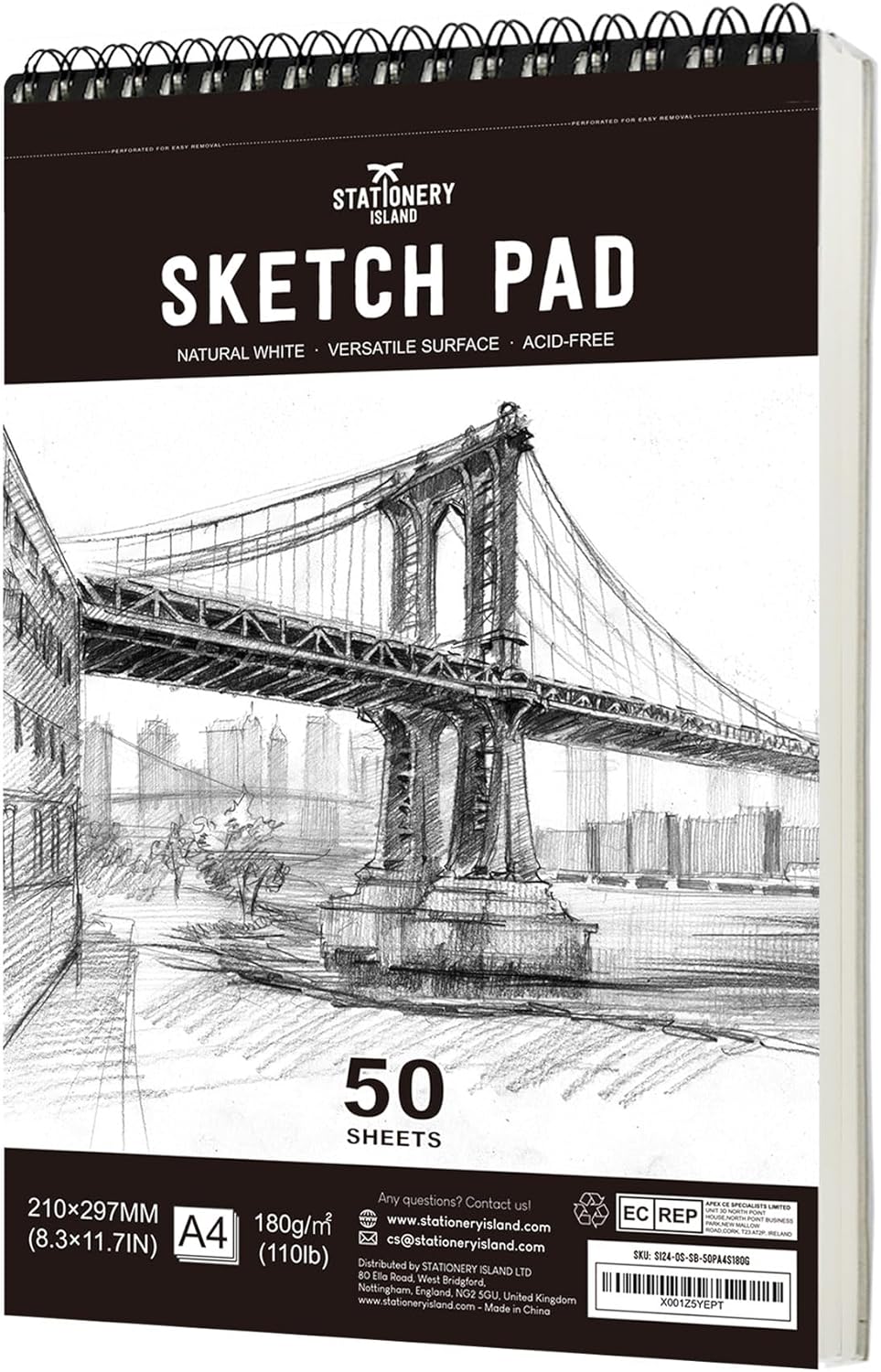 STATIONERY ISLAND Sketch Pad, A4 Sketch Book 180 g/m² Thick Paper, 100 Pages / 50 Sheets Spiral Bound Sketchbook 1 Pack
