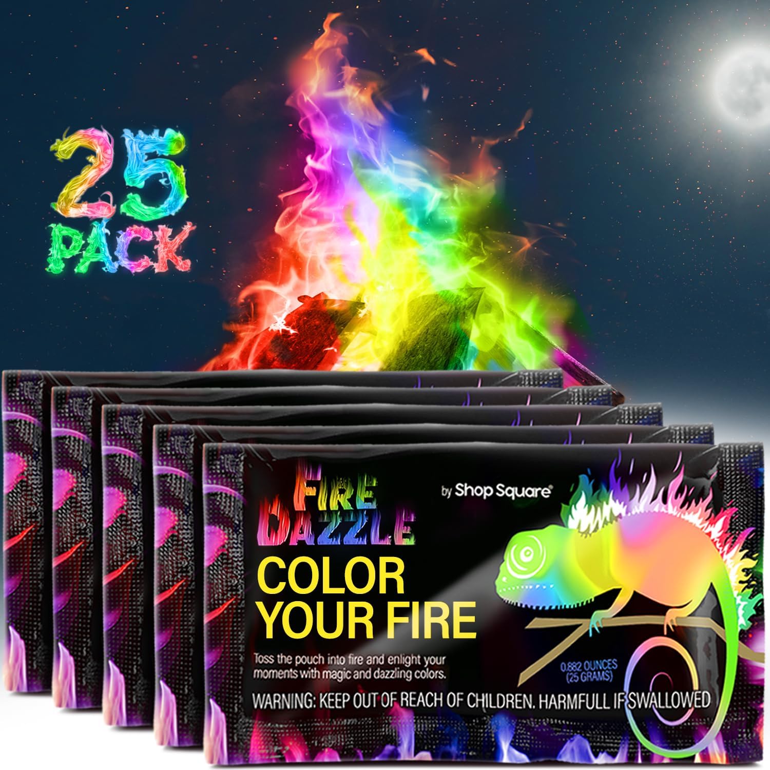 Fire Dazzle Fire Color Changing Packets for Fire Pit - 25 Pack Color Packets, Flame Changer for Fire Pit and Campfires - Camping Games Accessories for Kids and Adults