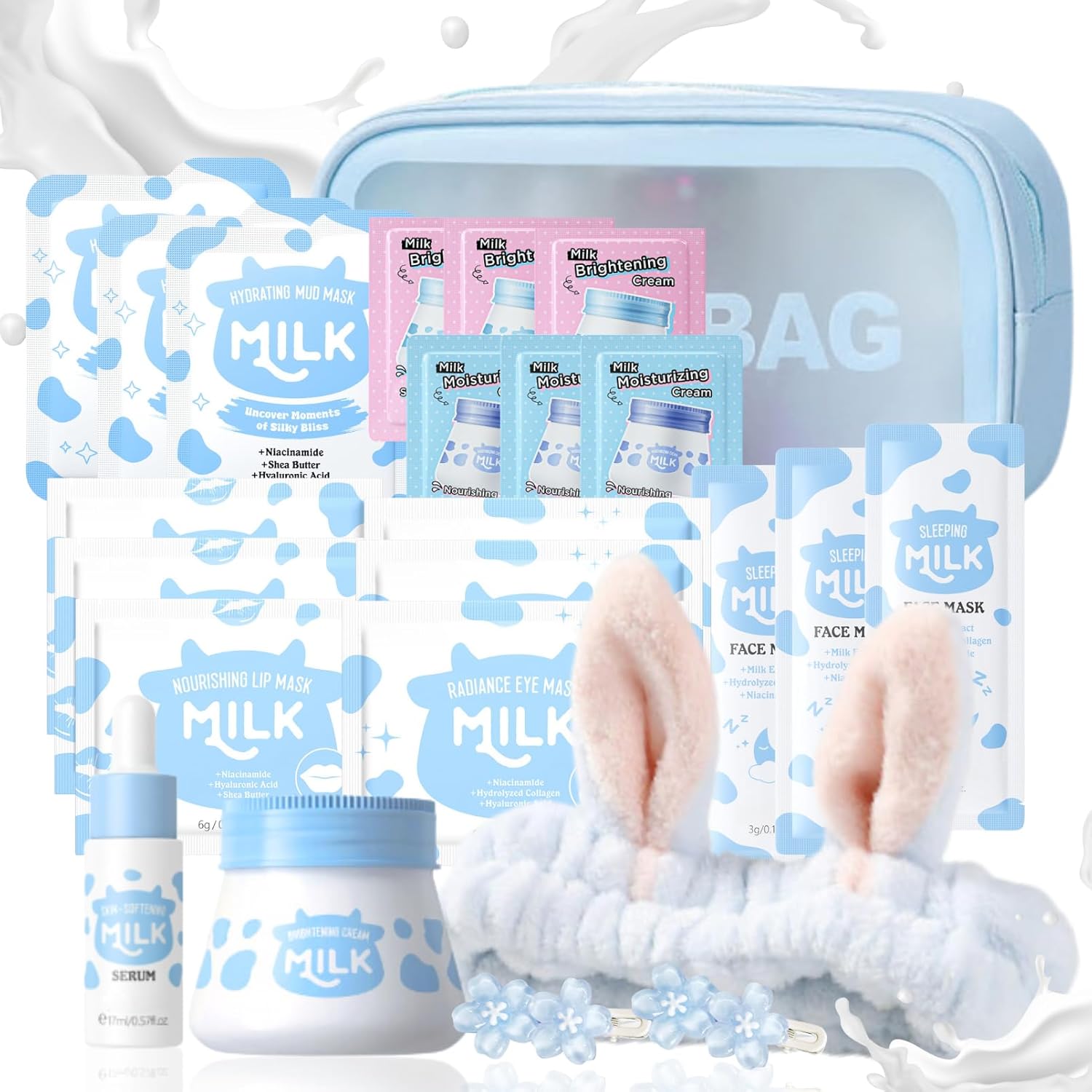 Milk Skin Care Sets & Kits - Teenage Girls Gifts - Milk Skin Care Sets for Girls Gifts,Travel Size,Cream, Face,Eye& Lip Mask, Serum, Hair Clips, Hair Bands - Hydrating,Smoothing (24PCS)