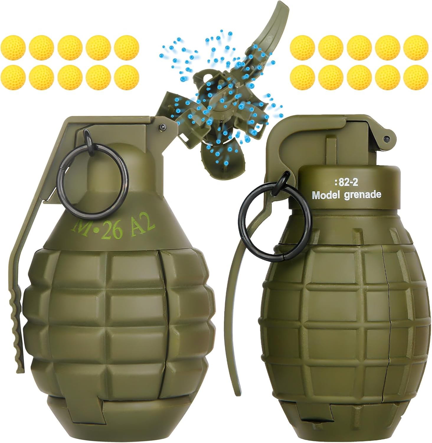 2Pcs Toy Hand Grenade for Tactical Game with 20 Round Ammo Model Battle Fake Grenade Toys for Outdoor Sport Role Play Prop Game,14+ and Adults,Green