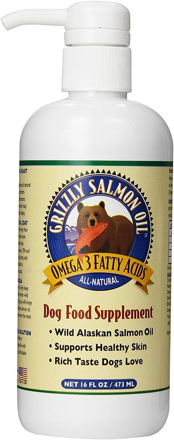 Grizzly Wild Alaskan Salmon Oil Dog Food Supplement Omega 3 Fatty Acids, 16 oz