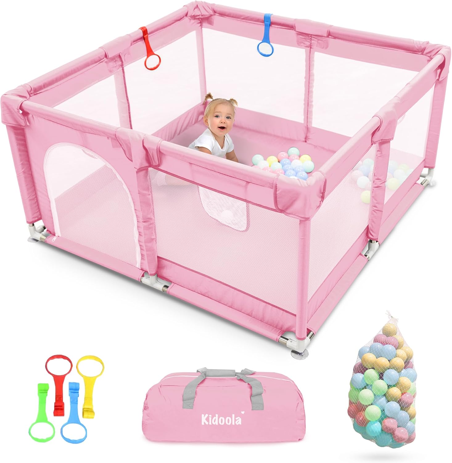 Kidoola Baby Playpen with Padded Frame & Mesh Walls, Balls & Pull Rings Included, for Indoor & Outdoor Use, Toddler Fence - Breathable Mesh, Extra Large Play Yard for Babies (127x127x65cm) (Pink)