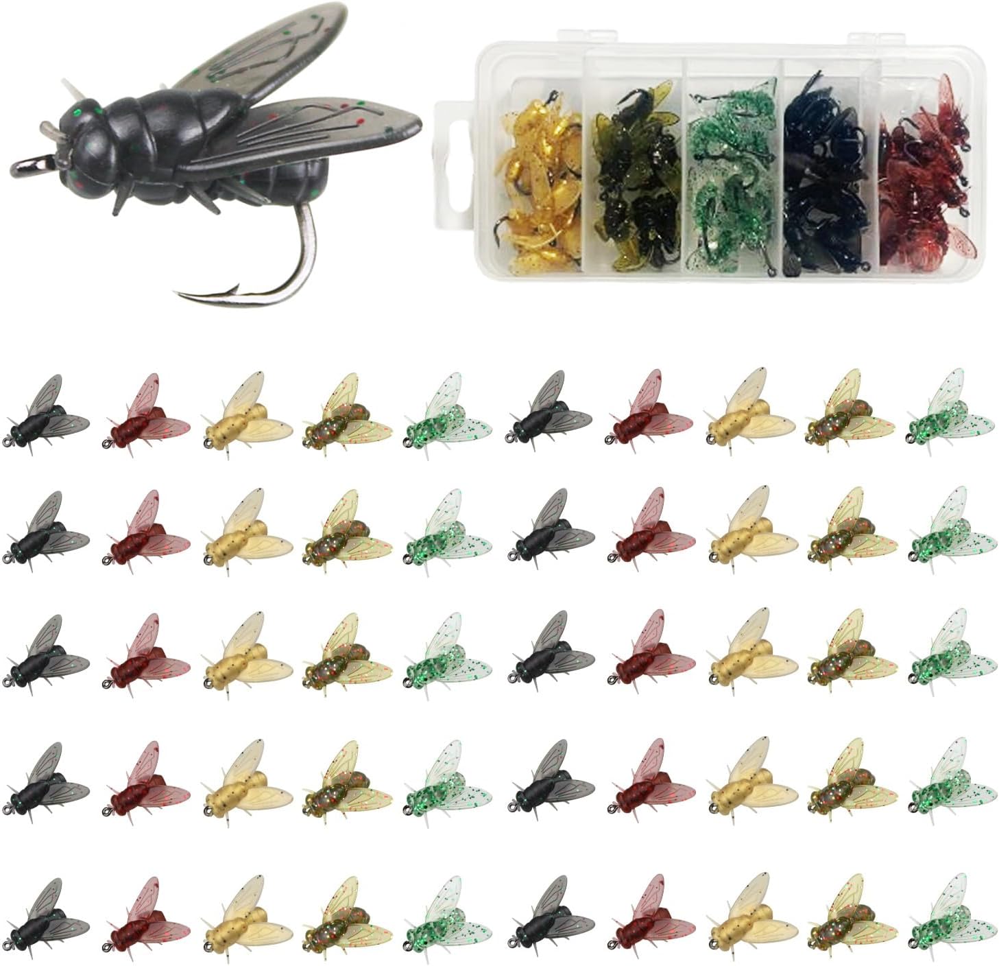 50Pcs Bionic Fly Fishing Bait with Hook Lure Kit, Reusable Realistic Artificial Flies Lures for Trout Bass Freshwater Fishing