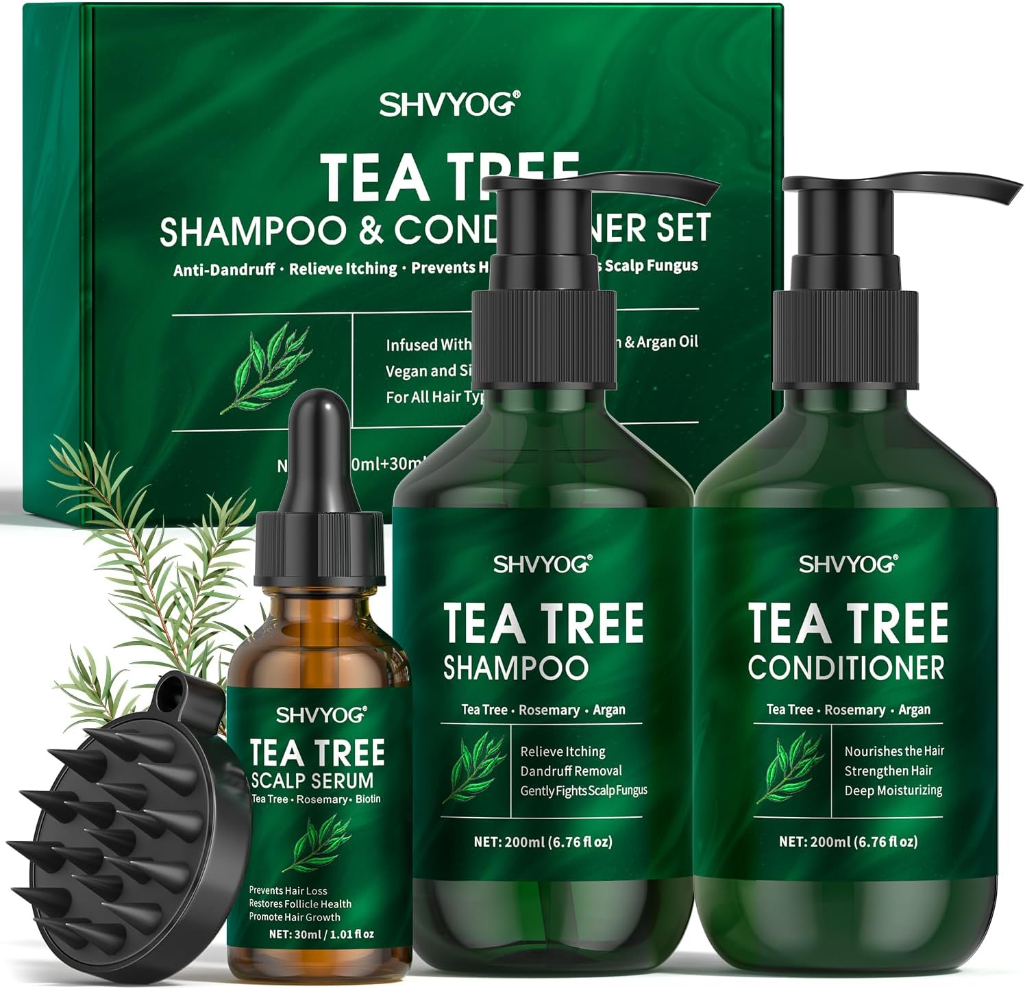 Tea Tree Shampoo and Conditioner Set, with 100% Pure Tea Tree Oil for Scalp Fungal, Soothes Itchy Scalp & Dandruff, Prevent Hair Loss, Promote Hair Growth, 3Pcs Set for Men Women, 200ml*2+30ml