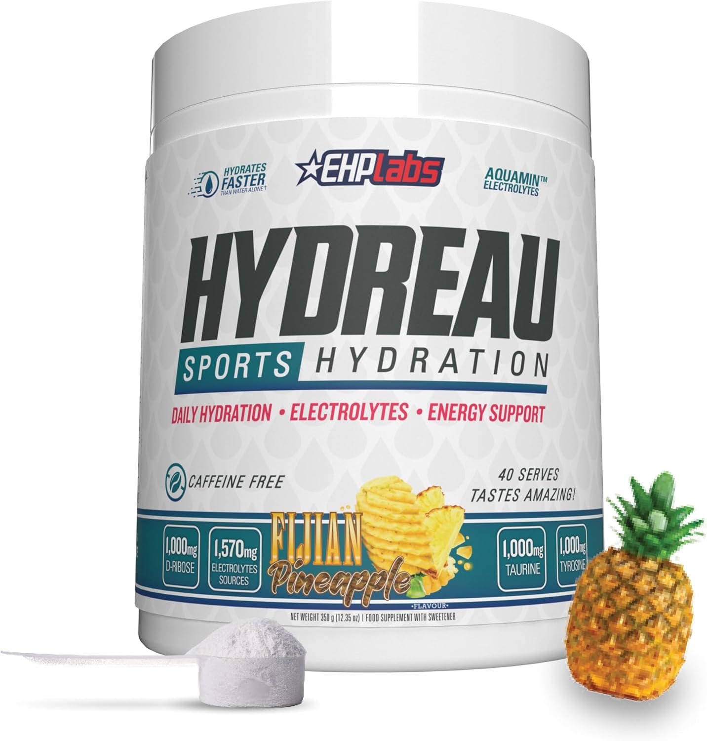 EHP Labs Hydreau Electrolytes Powder No Sugar - Hydration Powder for Endurance & Energy - for Men & Women - Sugar Free Electrolytes - (40 Serves, Fijian Pineapple)