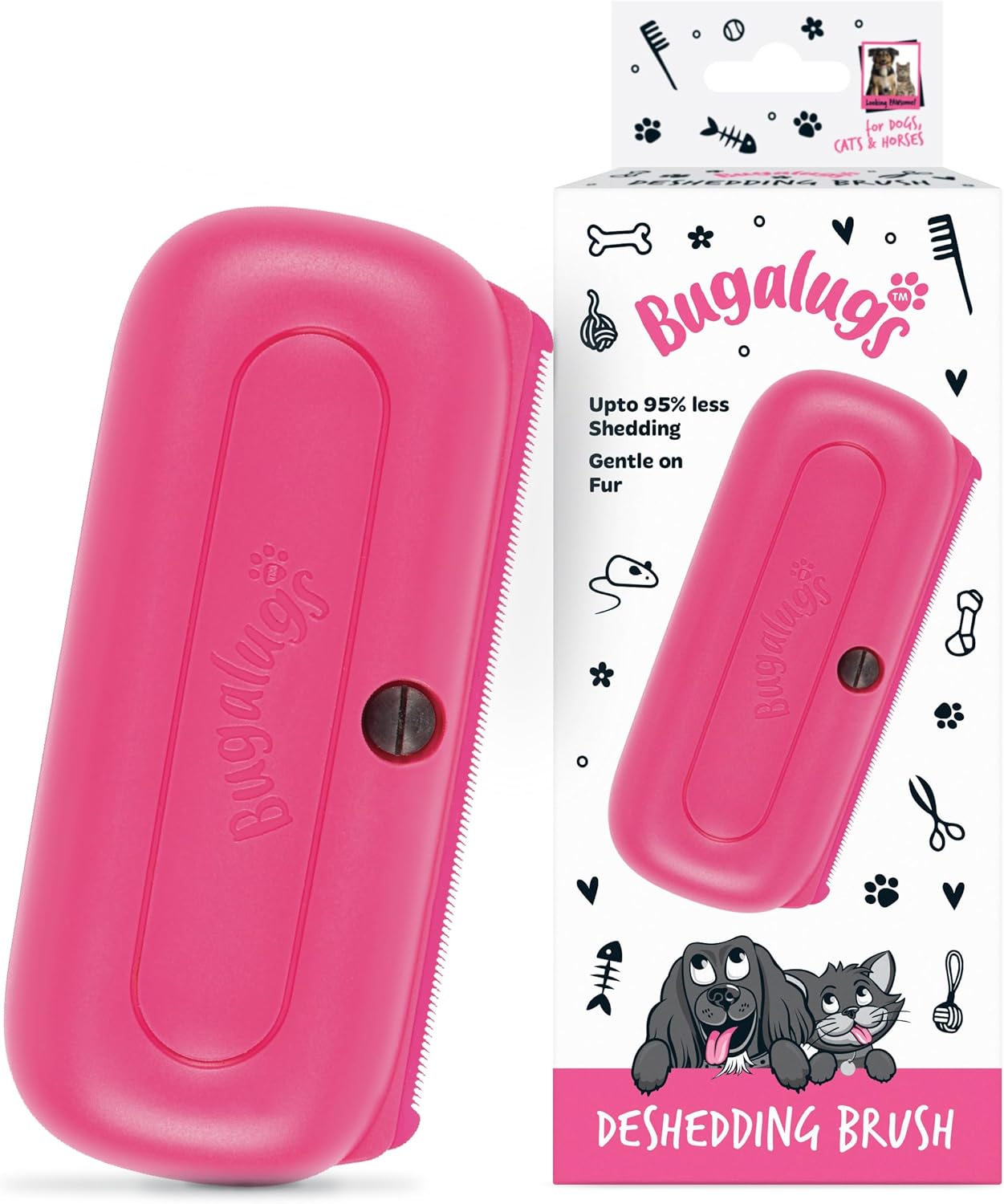 Bugalugs Deshedding Brush for Dogs, Cats, Horses - Pet Grooming Tool that is Gentle & Effective With Wide Shallow Comb, Smooth Groomer for Dog, Cat and Horse