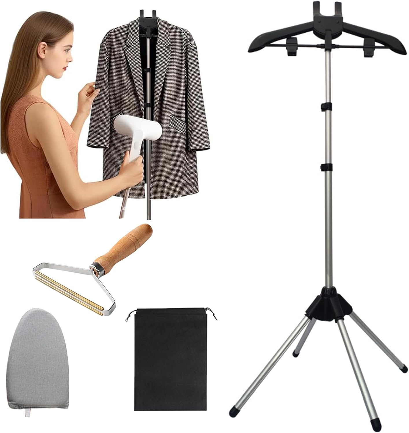 Garment Steamer Stand for Clothes With Ironing Gloves, Adjustable Handheld Steamer Hanger,Foldable Hanger Holder Stand, Garment Steamer Accessories for Homes Clothing Stores & Hotels