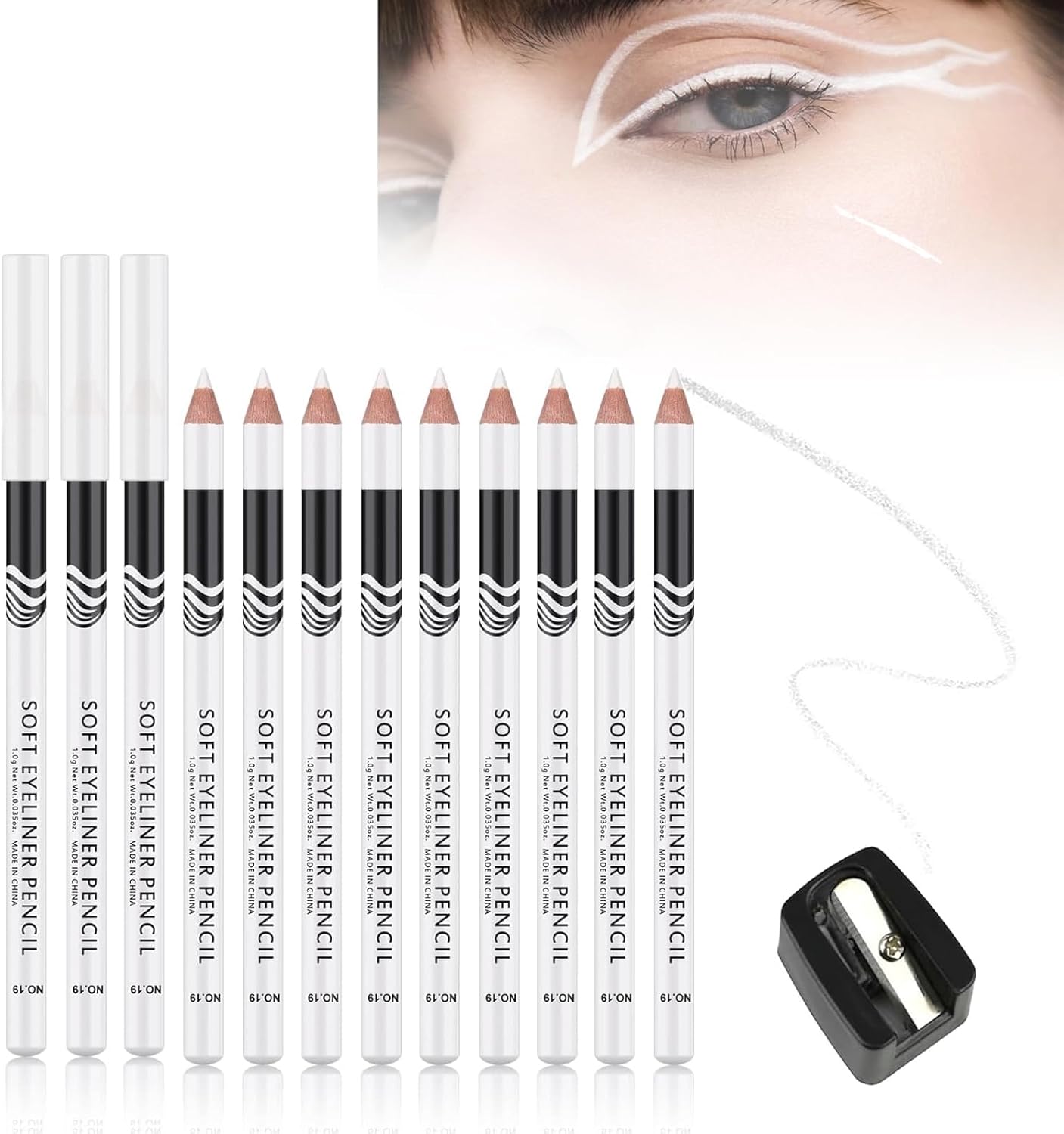 DEJIN White Eye Pencil - 12 Pcs, Eyeliner, Makeup Pencil - For Beginners & Professionals, With Sharpener