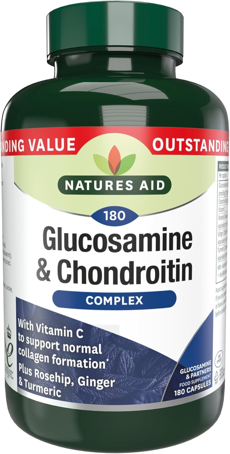Natures Aid Glucosamine & Chondroitin Complex - Rosehip Ginger Turmeric Vitamin C Supplement - Joint Support Mobility, Flexibility & Cartilage Health - Non-GMO, Gluten-Free - 180 Capsules