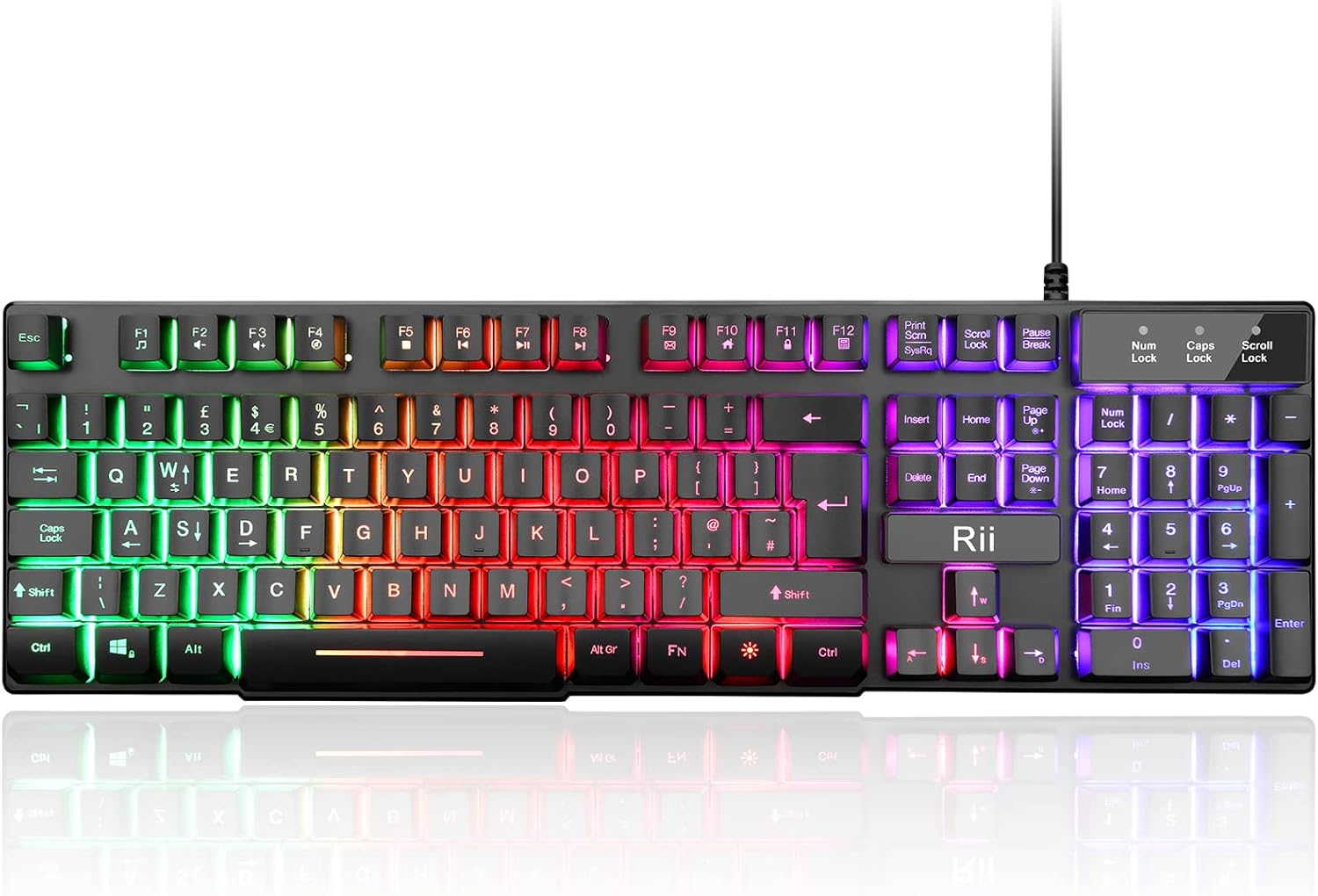 Rii Gaming Keyboard,USB Wired Keyboard with Rainbow LED Backlit Mechanical Feeling for Working Gaming (UK Layout)