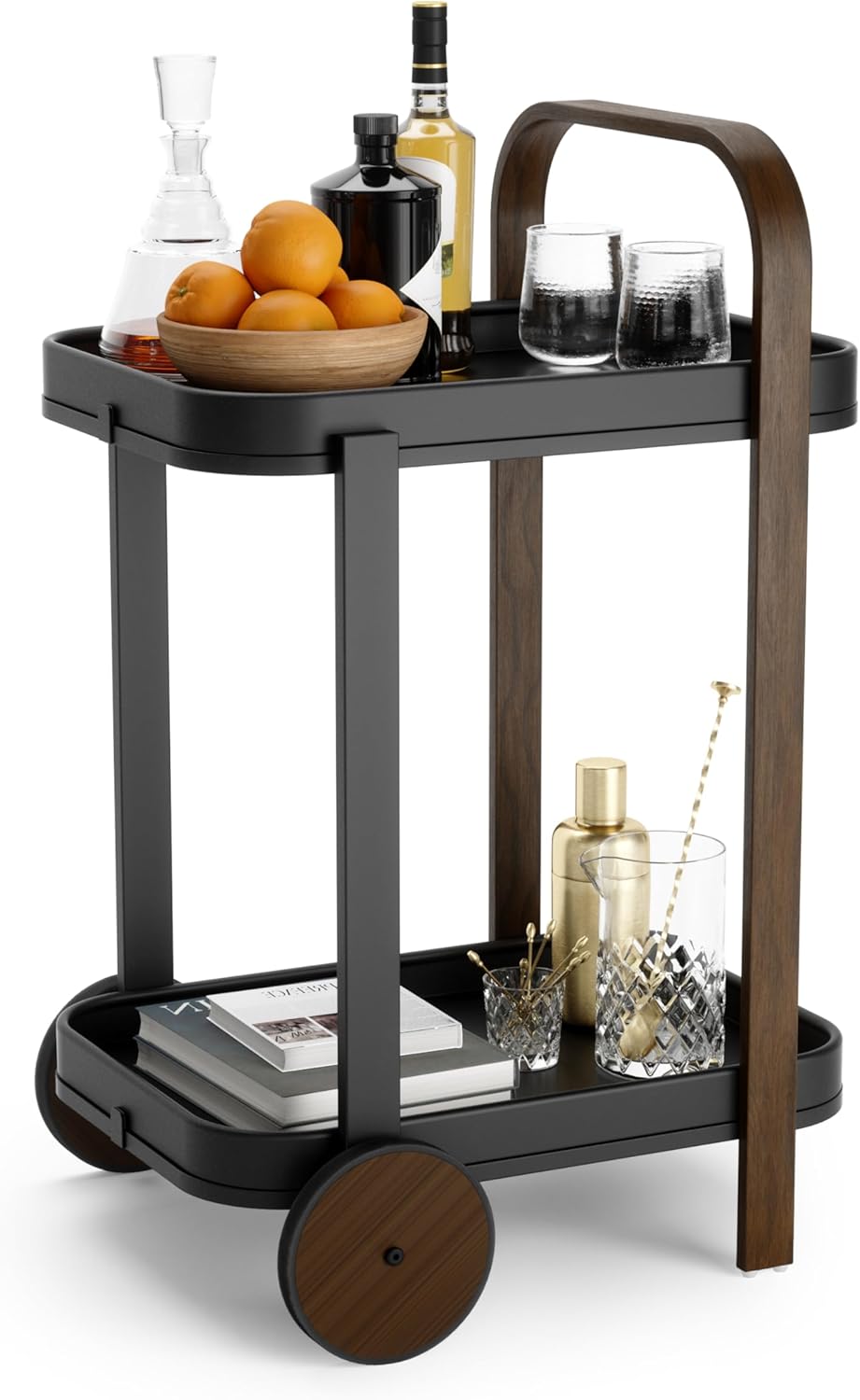 Umbra Bellwood Bar Cart, Serving Trolley, Side Table, Walnut/Black