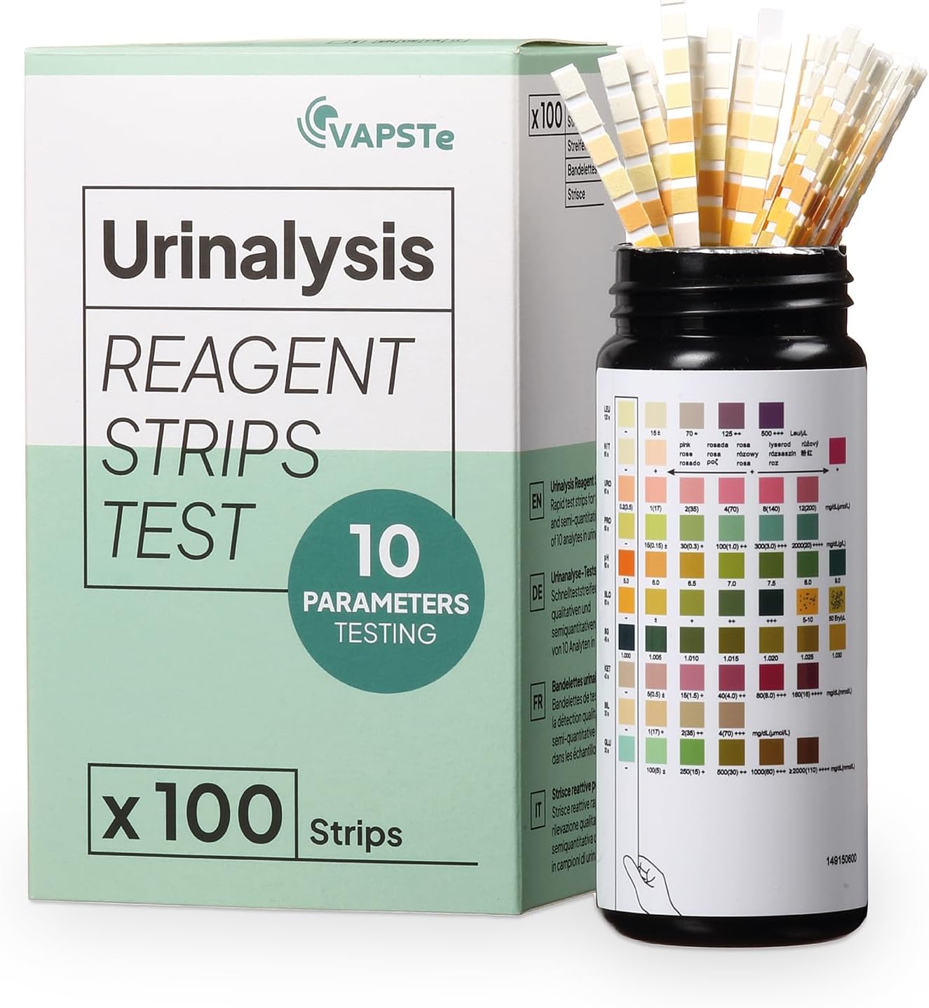 VAPSTe 100 x Urinalysis Sticks | 10 Parameter | Urine Infection Tests Strips |UTI | Full KIT | Glucose, Bilirubin, Ketone, Specific Gravity, Blood, pH, Protein, Urobilinogen, Nitrite, Leukocytes