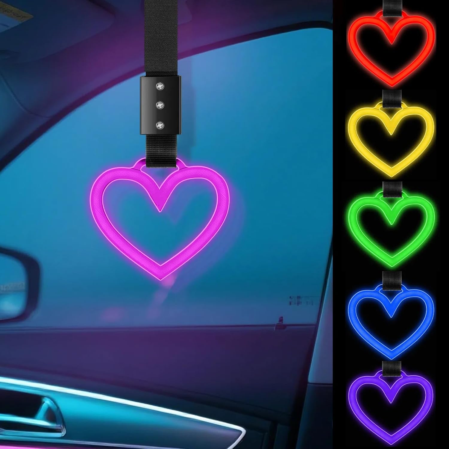 Timtin LED Car Accessories LED Heart Handle Ring Car Accessory for Women Heart Hand Strap Drift Charm Rear Bumper Warning Ring Decor for Auto Bus Interior Exterior Decoration