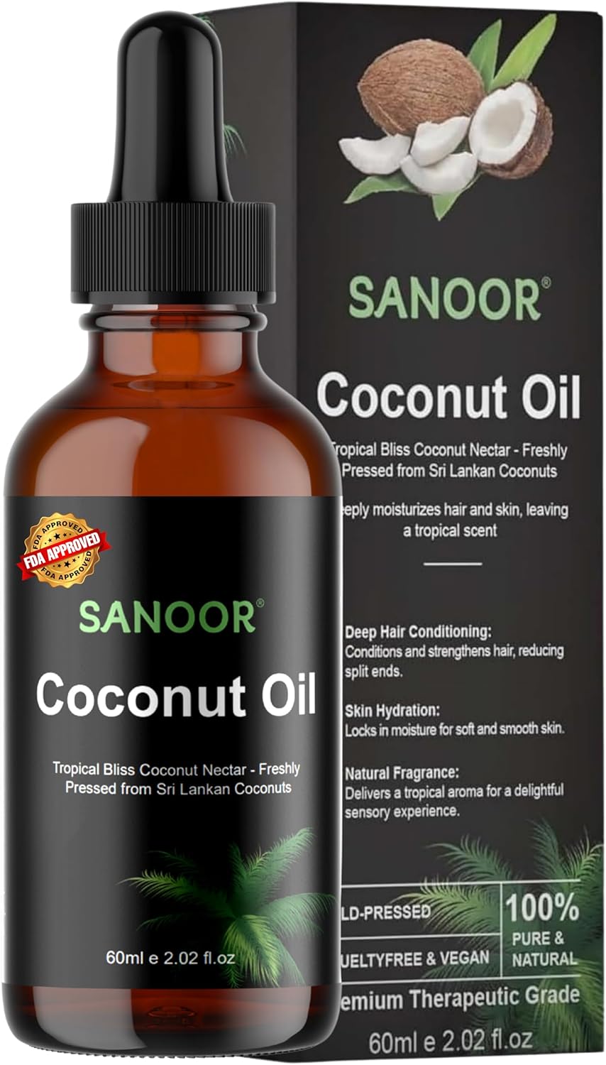 SANOOR Coconut Oil for Hair & Skin | FDA Approved | Cold-Pressed from Sri Lankan Coconuts | Deep Hair Conditioning, Skin Hydration | 100% Pure Natural, Vegan | Tropical Scent | 60ml