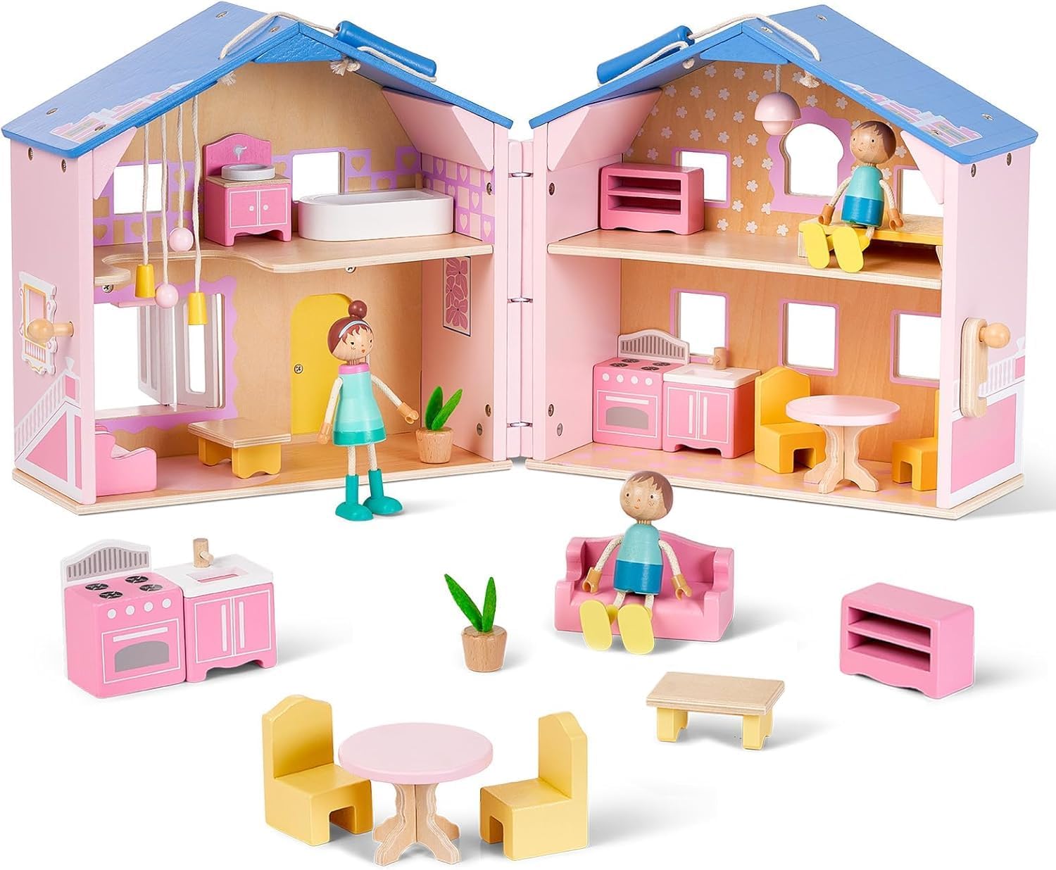 Giant bean Wooden Dolls House, Exquisite Pink Wooden Dollhouse for Girls with Dolls and Furniture Accessories,Foldable and Portable Doll House for Kids Ages 3+,Size 11.4' H X 9.1' W X 11.2' L