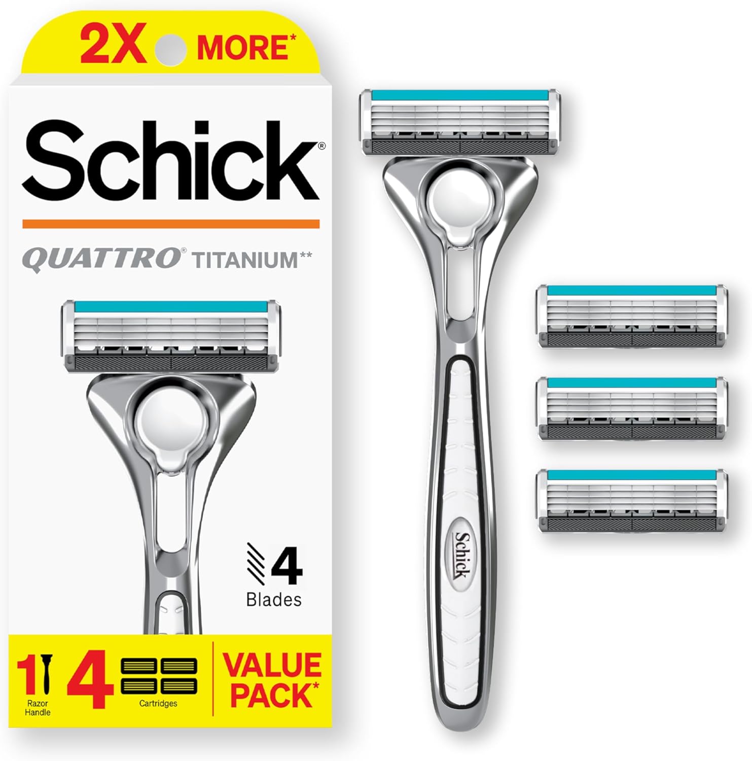 SCHICK Quattro Titanium Razor, 4 Blade Men's Razor, Multicolor, 1 Handle with 4 Refills