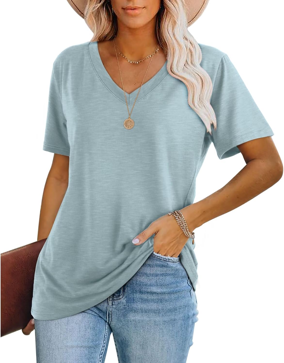WIHOLL Ladies Tops Summer Casual Loose Fit Short Sleeve V Neck T Shirts for Women UK