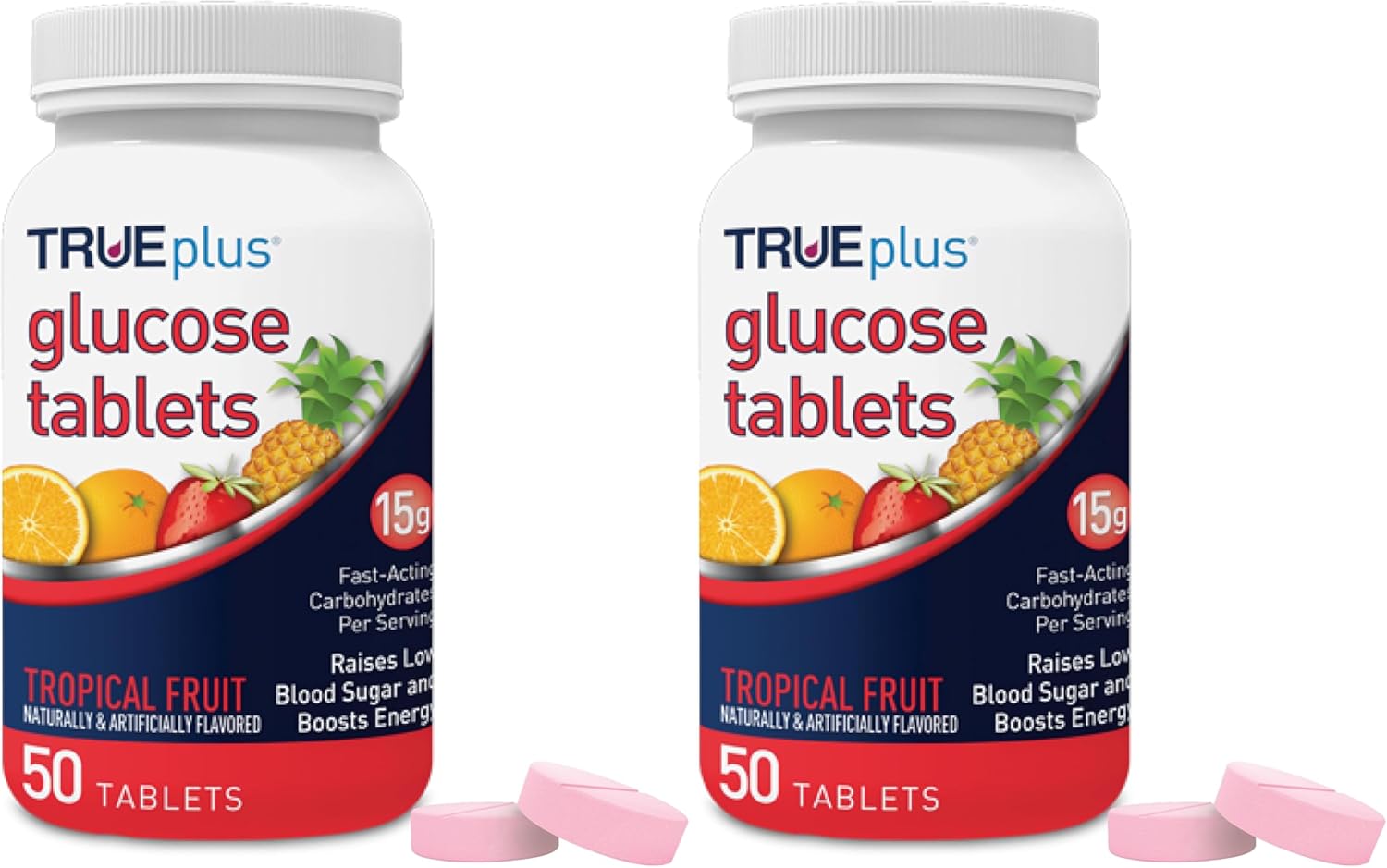 TRUEplus® Glucose Tablets, Tropical Fruit Flavor - 50ct Bottle (Pack of 2)