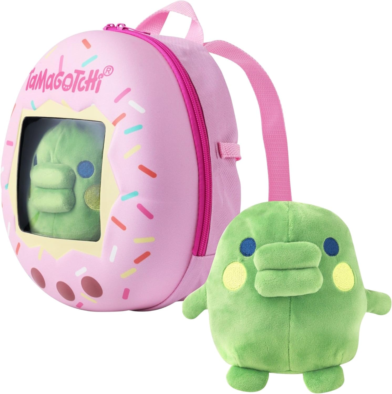 TAMAGOTCHI Backpack & Plush Kuchipatchi Adventure Companion - Reversible Design, Soft Velboa Fabric, Adjustable Straps, Kawaii Plush Fans & Collectors