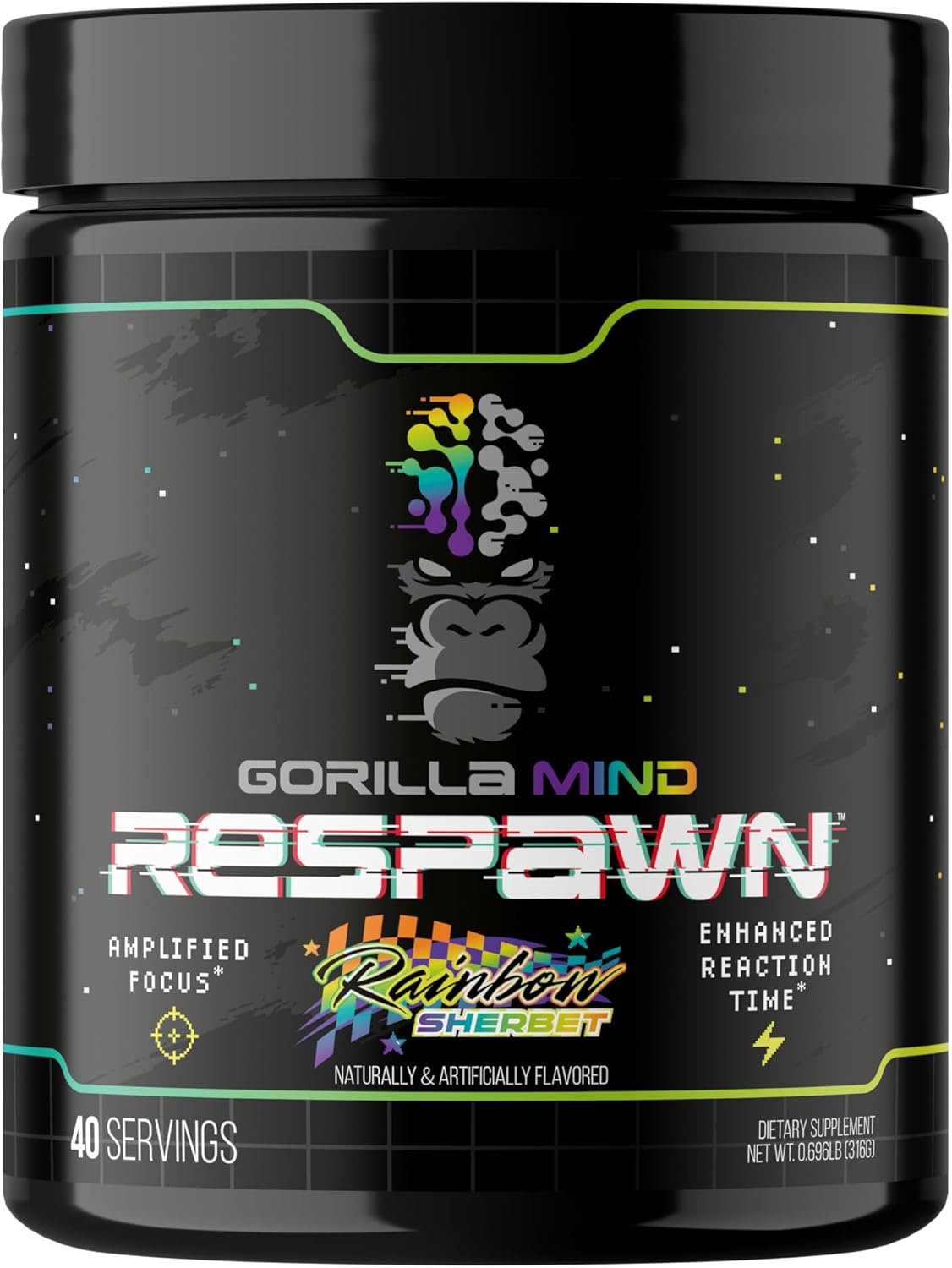 Gorilla Mind Respawn (Rainbow Sherbet) - Advanced Gaming Supplement for Amplified Focus, Enhanced Reaction Time and Clean Energy (40 Servings)