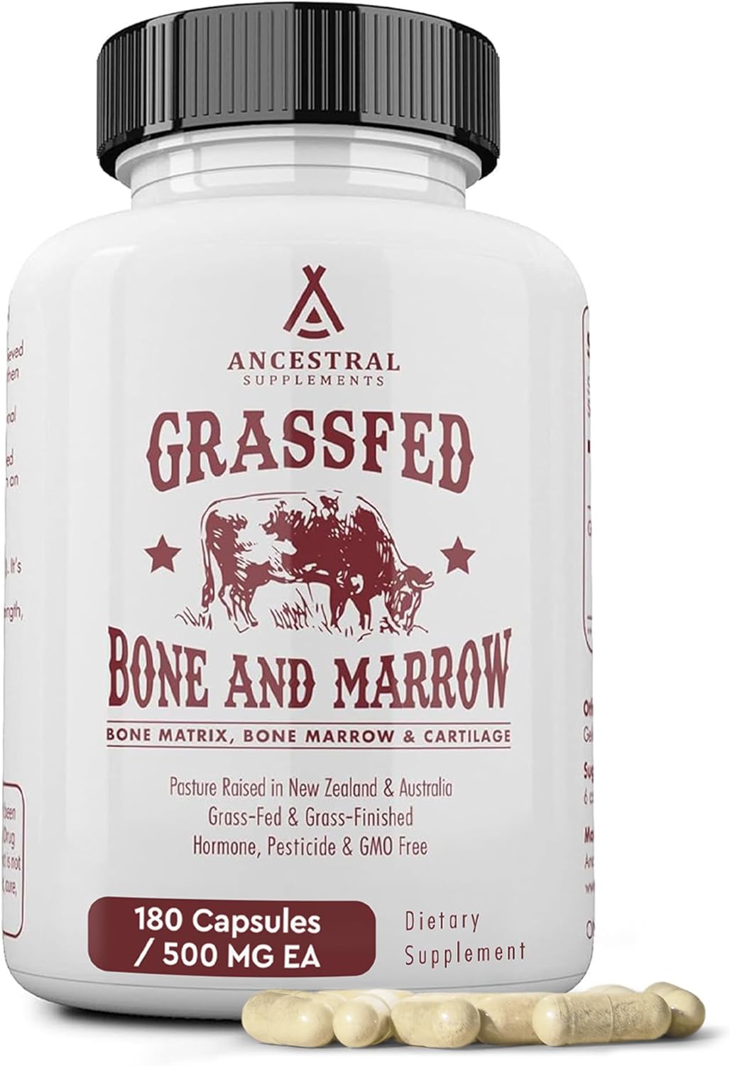 Ancestral Supplements Grass Fed Beef Bone and Marrow Supplement, Bone, Skin, Oral Health, and Joint Care Supplements Promote Whole-Body Wellness, Non-GMO Whole Bone Extract, 180 Capsules