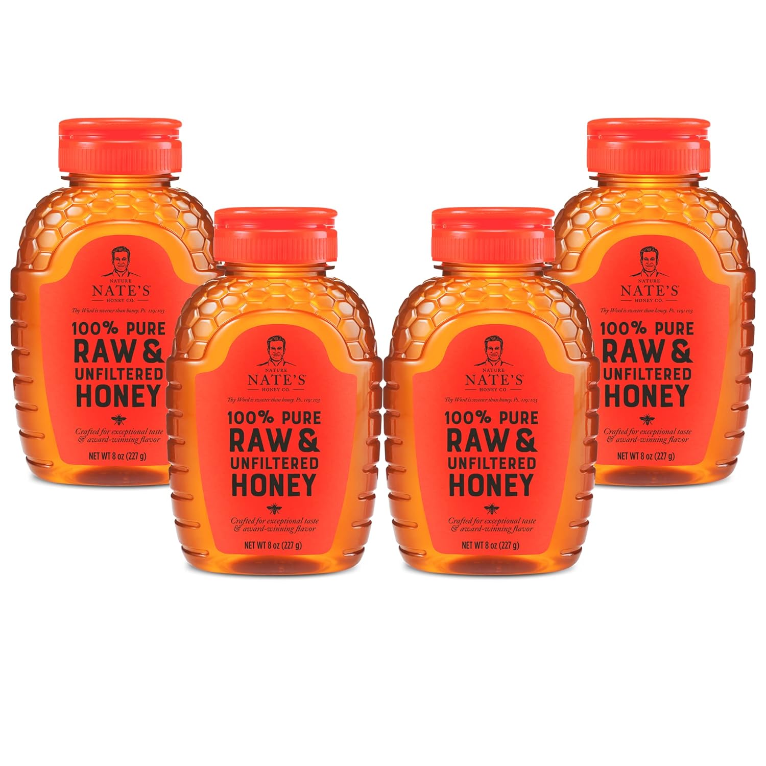 Nate's 100% Pure, Raw & Unfiltered Honey, Award-Winning Taste - 8 oz Squeeze Bottle (4 Pack)