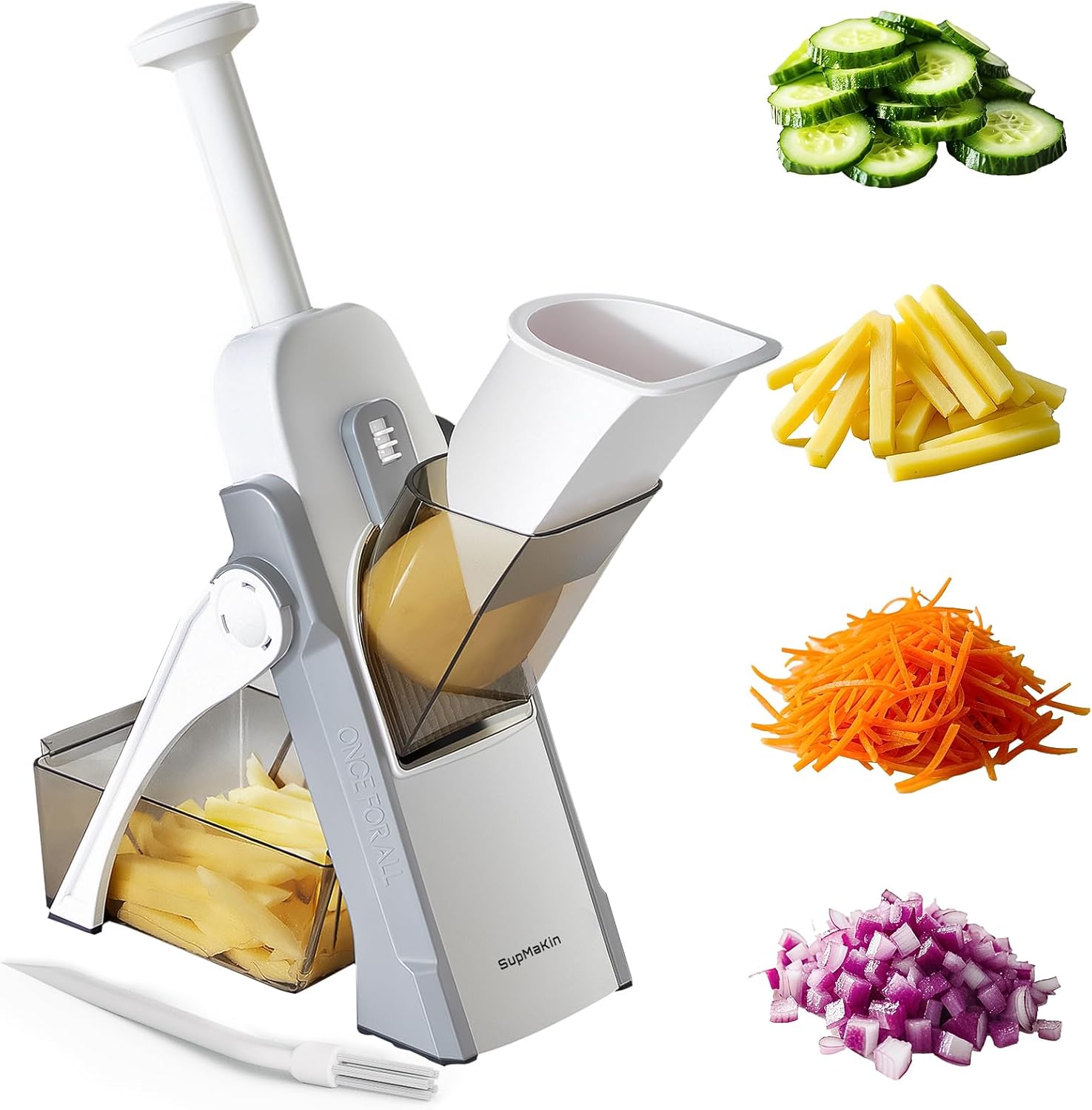 SUPMAKIN Safest Mandoline Vegetable Slicer/Chopper, Potato Chip Cutter, Multifunctional Veg Chopper with 4 Cutting Modes to Slice, Dice, Chop, Julienne, Best Kitchen Gadgets Gray