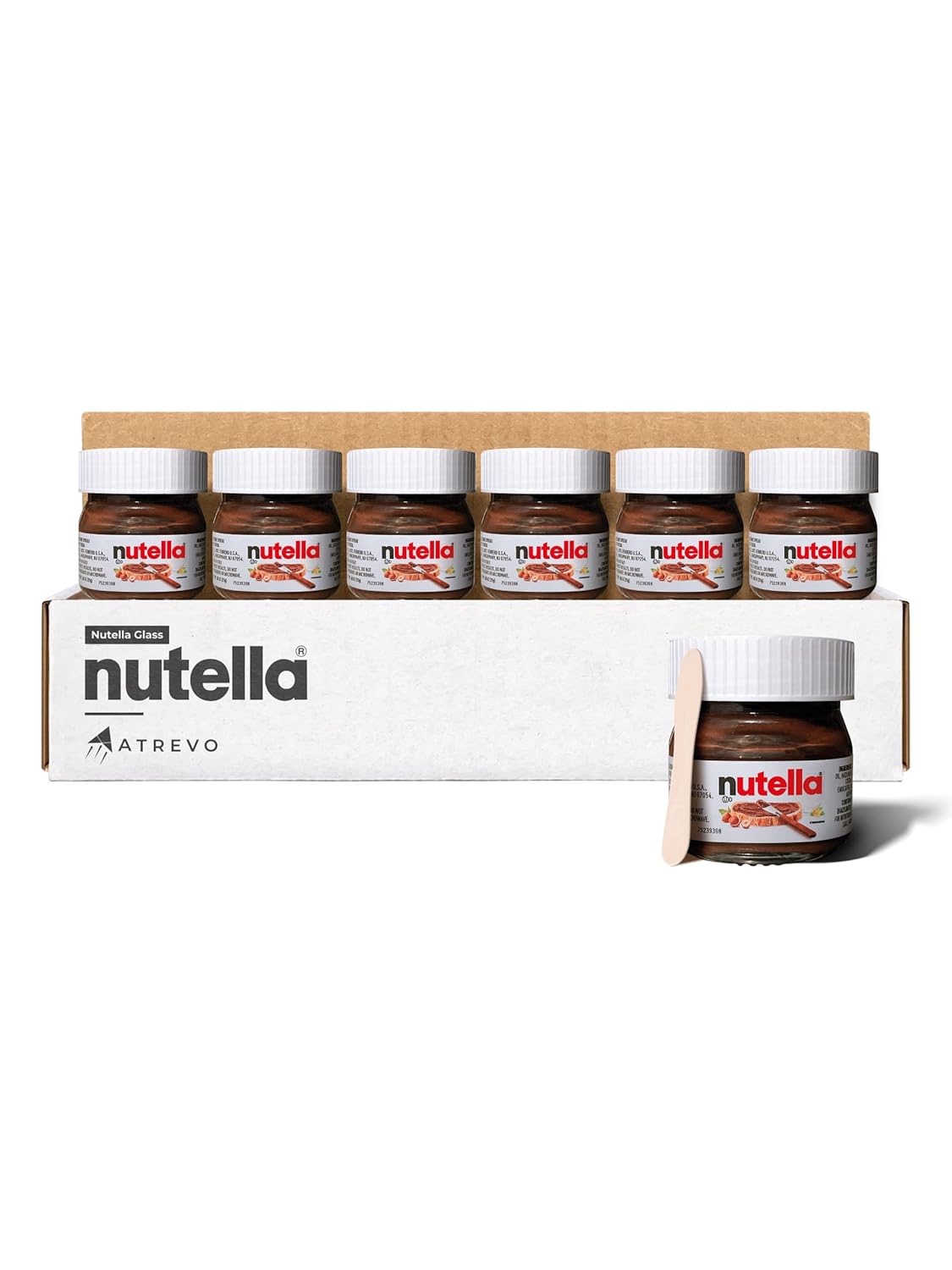 Mini Nutella Glass Jars Chocolate Hazelnut Spread (0.88 Oz) –(7 Units) Weekly Pack + 7 Mini Spoons Atrevo Bundle Pack. Made in Italy. Stockings Stuffers